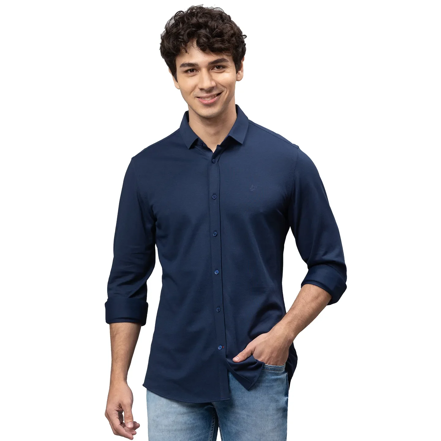 Blue Slim Straight Fit Regular Collar Long Sleeves Cotton Men's Shirt by Being Human Clothing