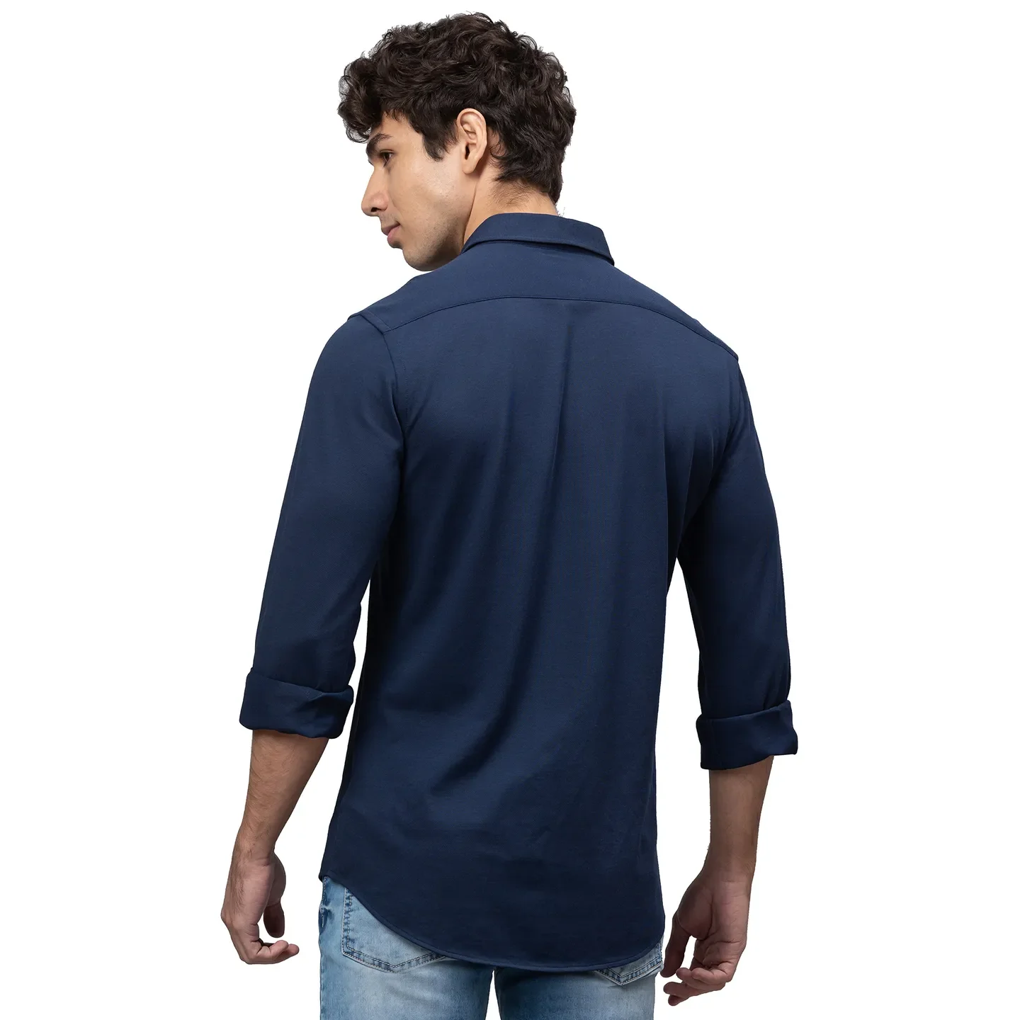 Blue Slim Straight Fit Regular Collar Long Sleeves Cotton Men's Shirt by Being Human Clothing - Image 3
