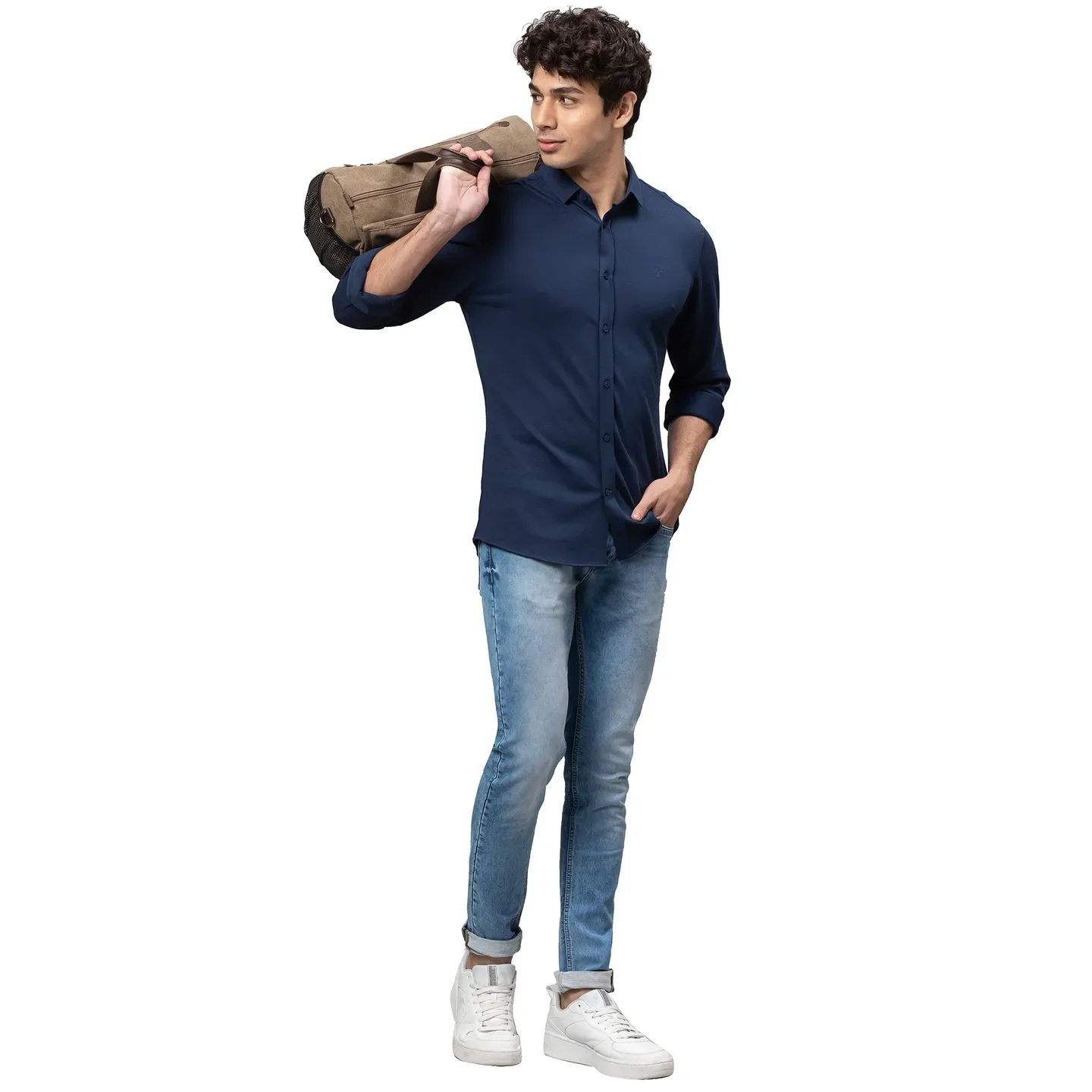 Blue Slim Straight Fit Regular Collar Long Sleeves Cotton Men's Shirt by Being Human Clothing - Image 6