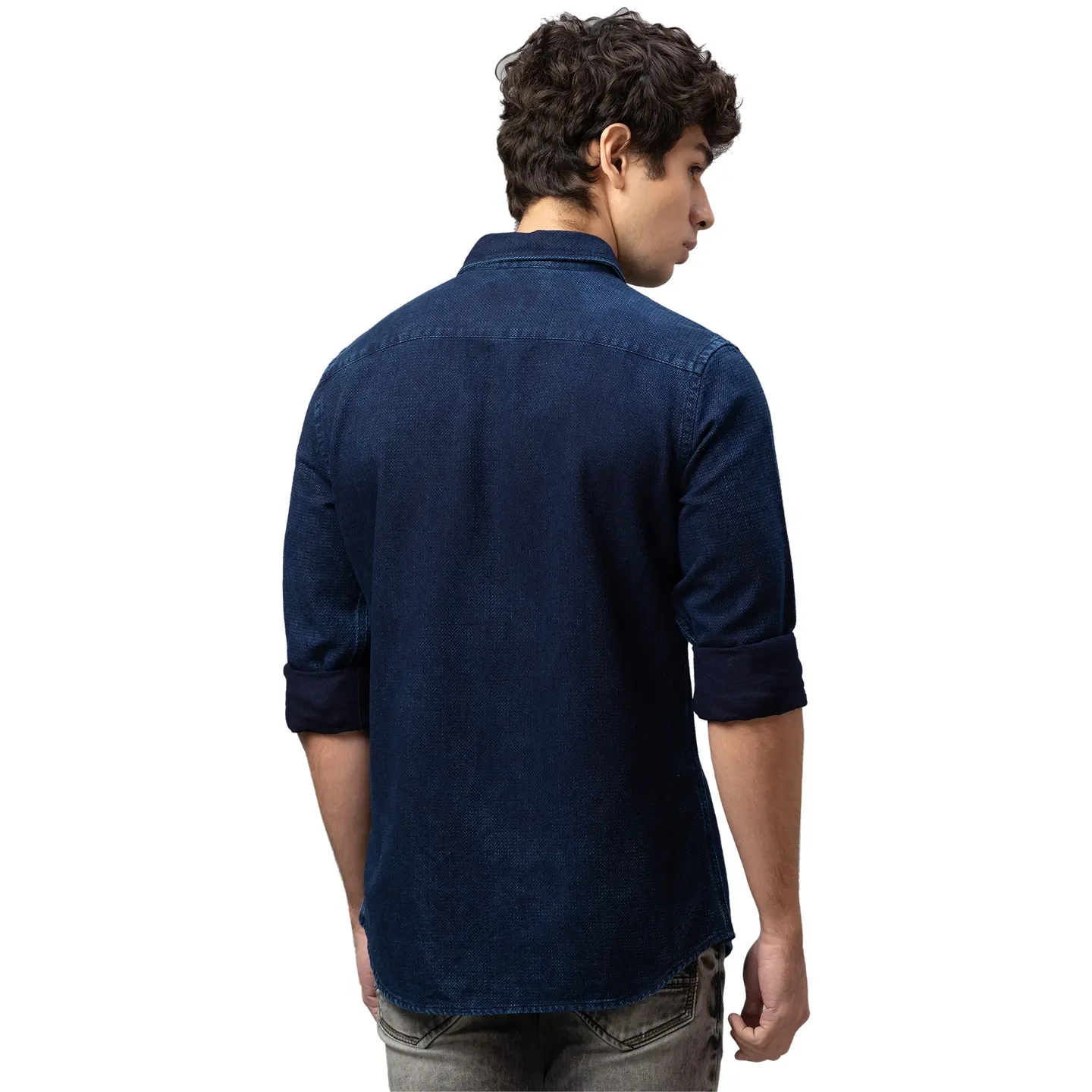 Blue Slim Straight Fit Regular Collar Long Sleeves Cotton Men's Shirt by Being Human Clothing - Image 3