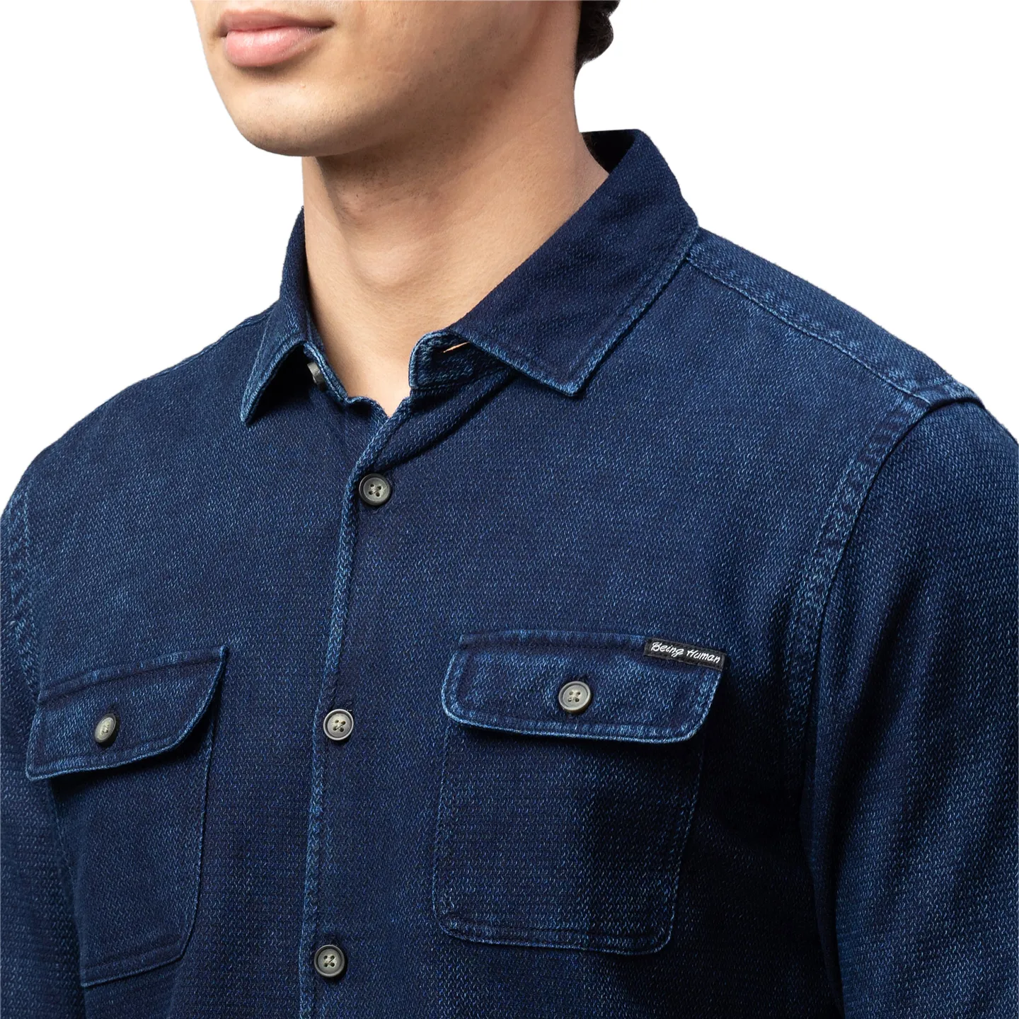 Blue Slim Straight Fit Regular Collar Long Sleeves Cotton Men's Shirt by Being Human Clothing - Image 5