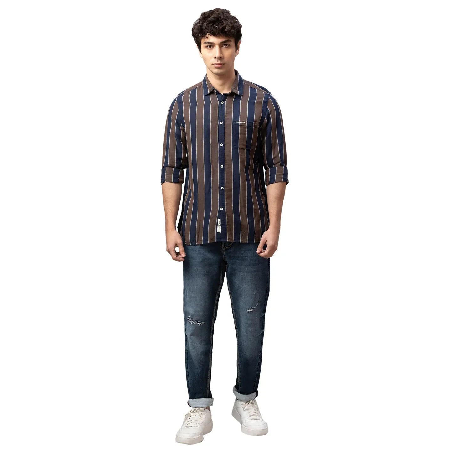 Blue Slim Straight Fit Regular Collar Long Sleeves Cotton Men's Shirt by Being Human Clothing - Image 2