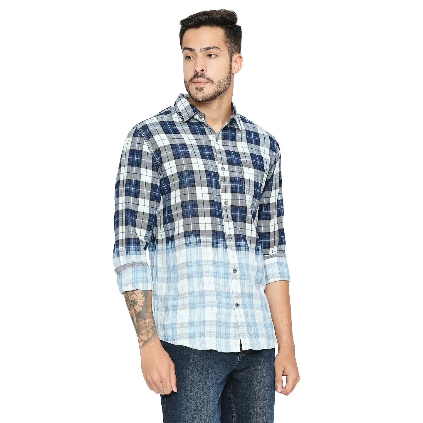 Blue Slim Straight Fit Regular Collar Long Sleeves Cotton Men's Shirt by Being Human Clothing - Image 3