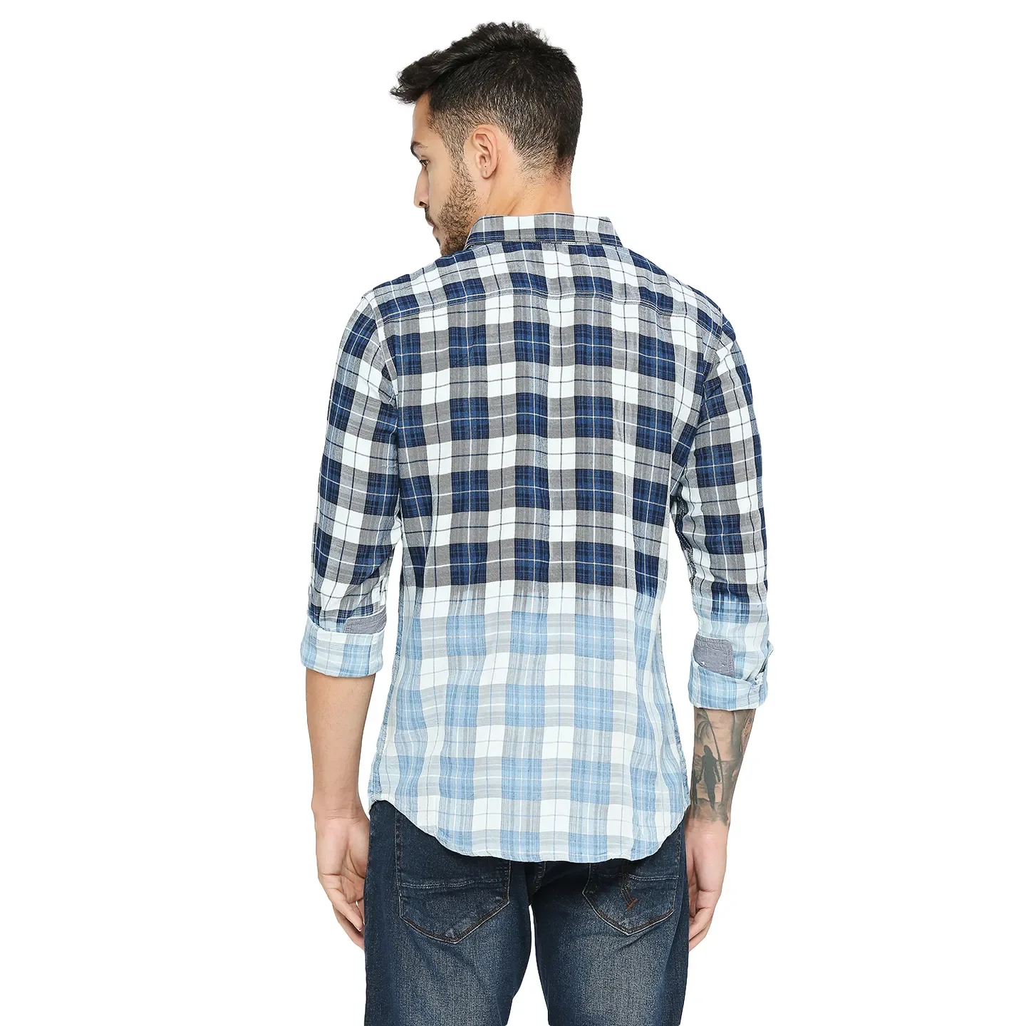 Blue Slim Straight Fit Regular Collar Long Sleeves Cotton Men's Shirt by Being Human Clothing - Image 4