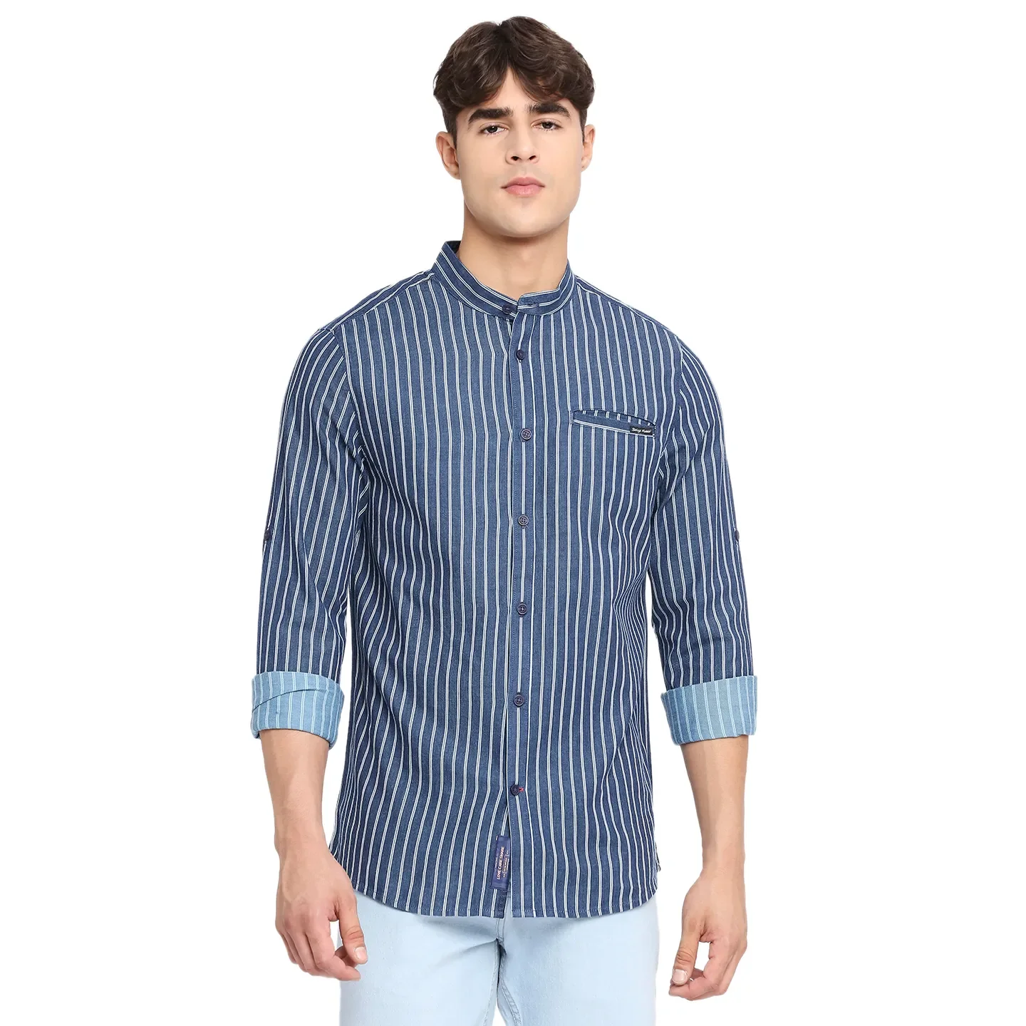 Blue Slim Straight Fit Regular Collar Long Sleeves Cotton Men's Shirt by Being Human Clothing