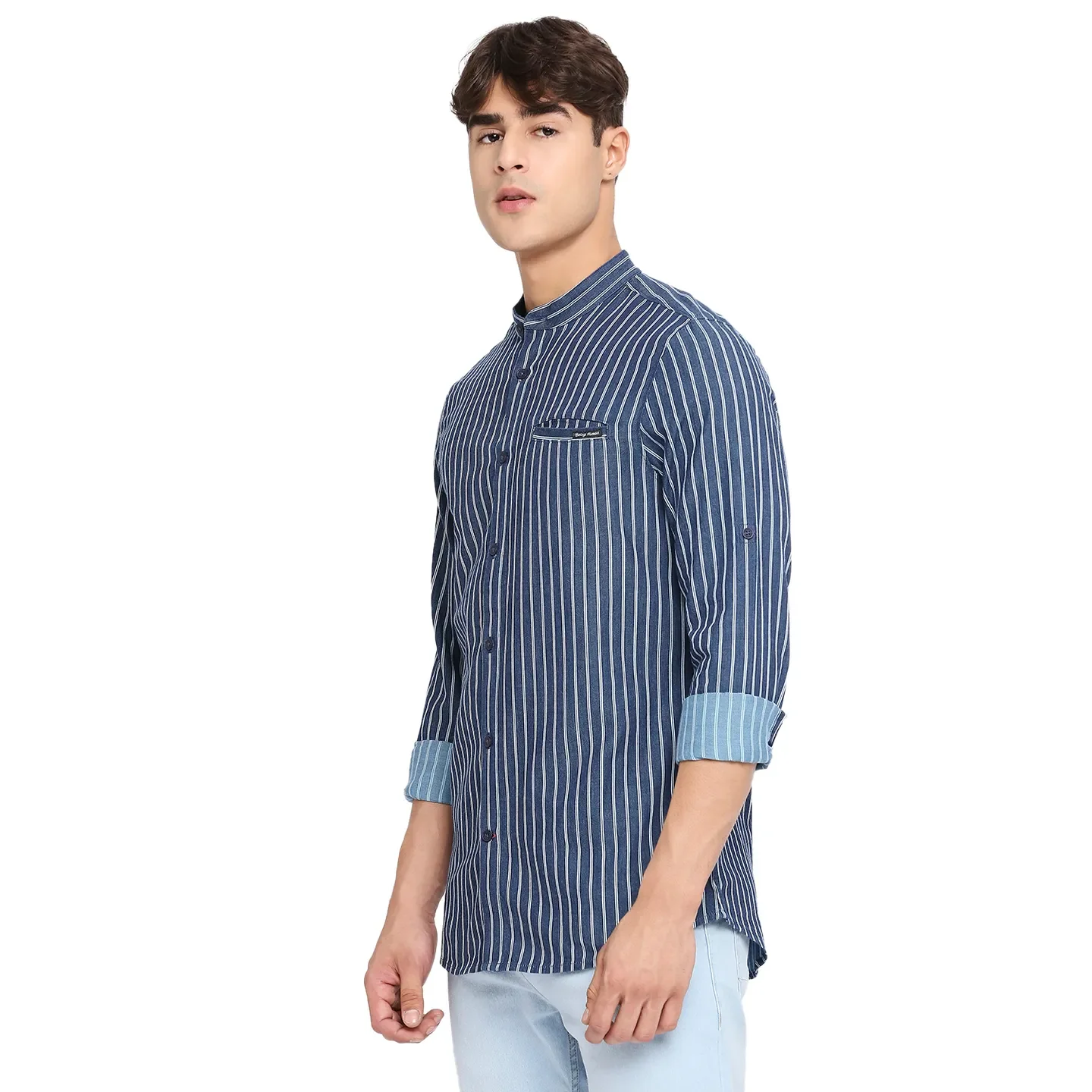 Blue Slim Straight Fit Regular Collar Long Sleeves Cotton Men's Shirt by Being Human Clothing - Image 2
