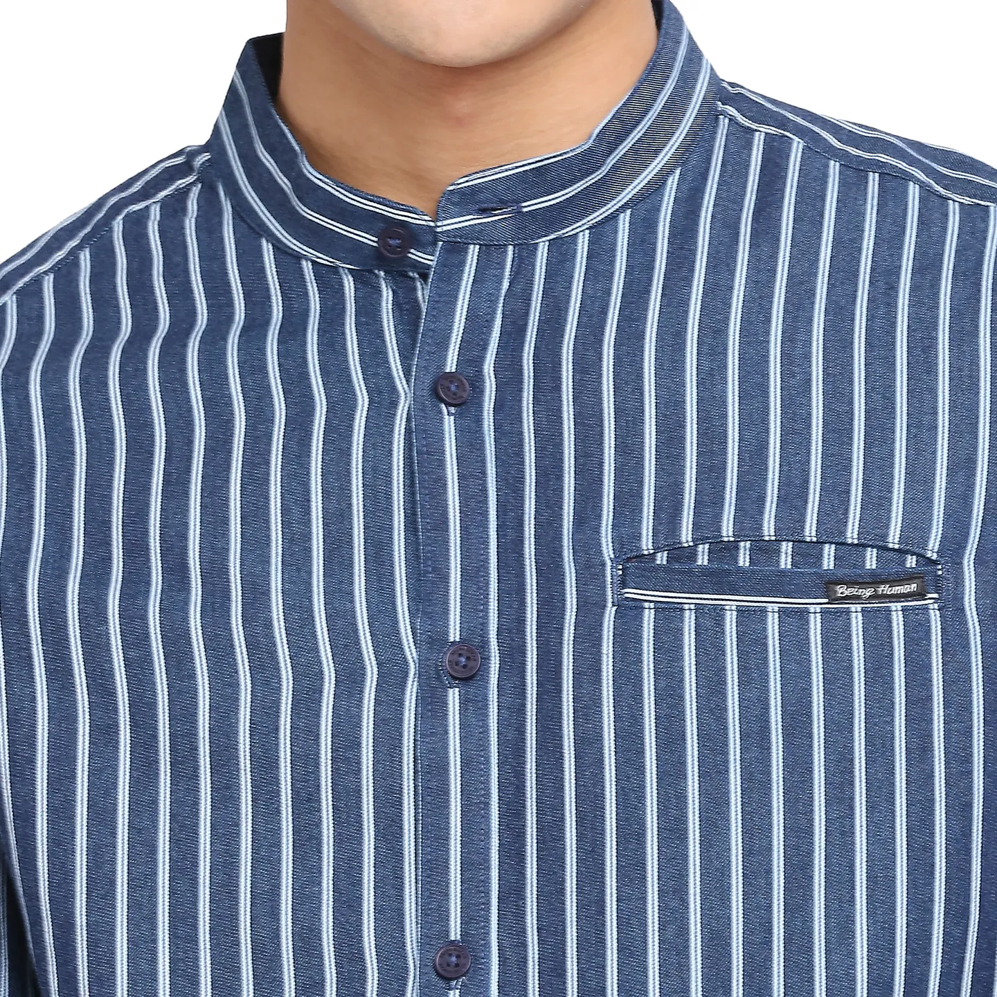 Blue Slim Straight Fit Regular Collar Long Sleeves Cotton Men's Shirt by Being Human Clothing - Image 5