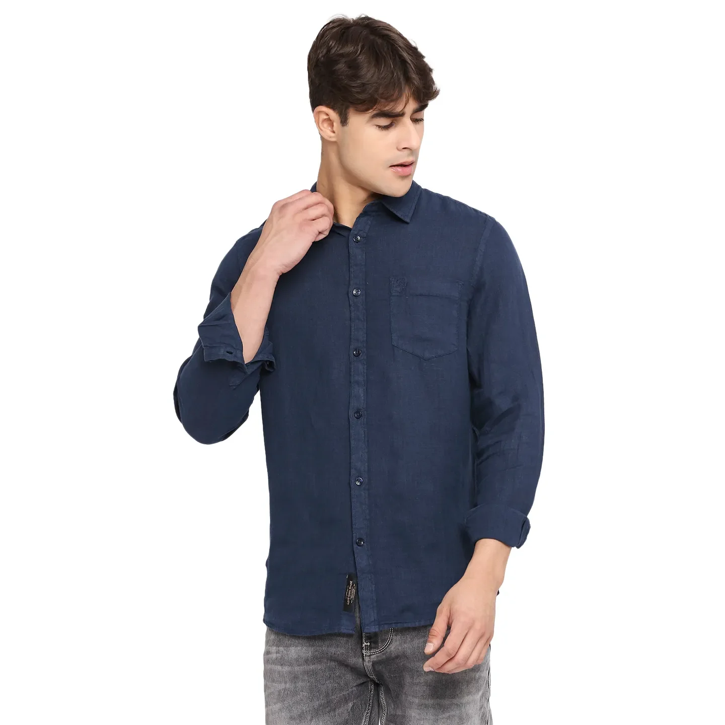 Blue Slim Straight Fit Regular Collar Long Sleeves LINEN Men's Shirt by Being Human Clothing