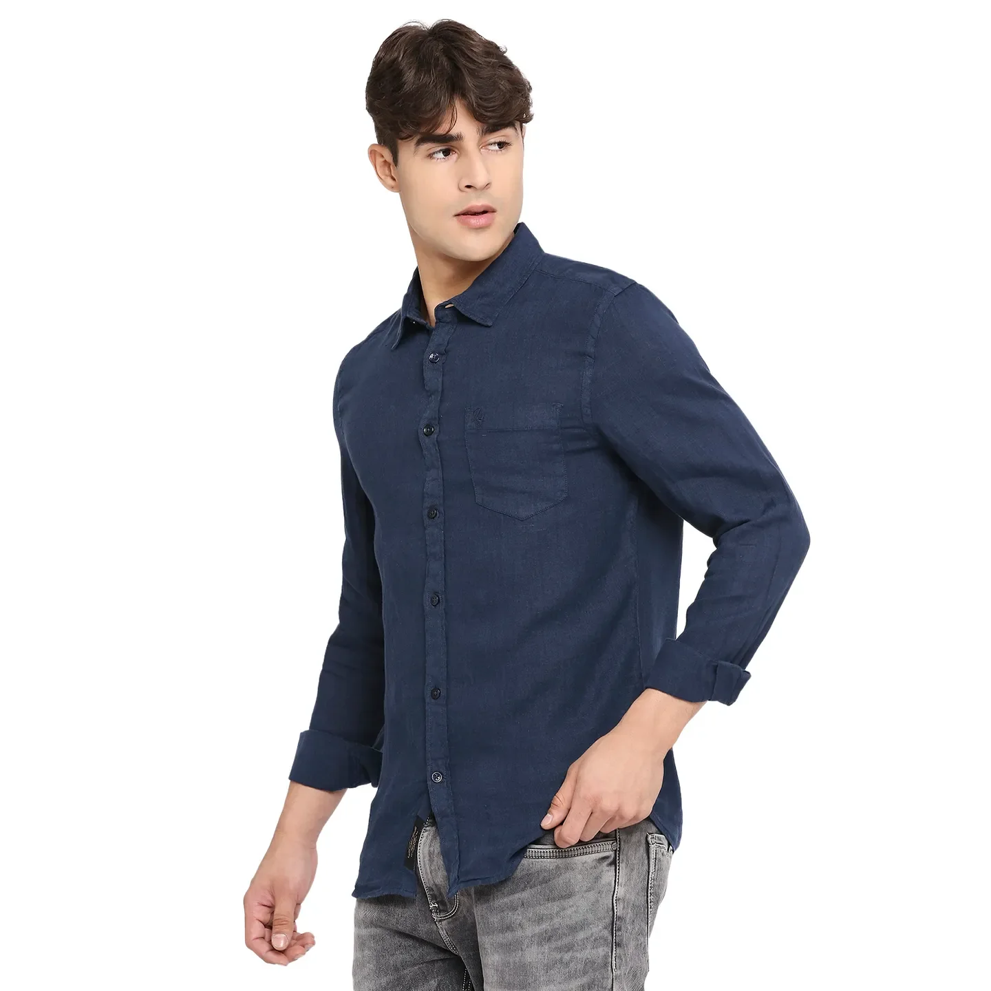 Blue Slim Straight Fit Regular Collar Long Sleeves LINEN Men's Shirt by Being Human Clothing - Image 2