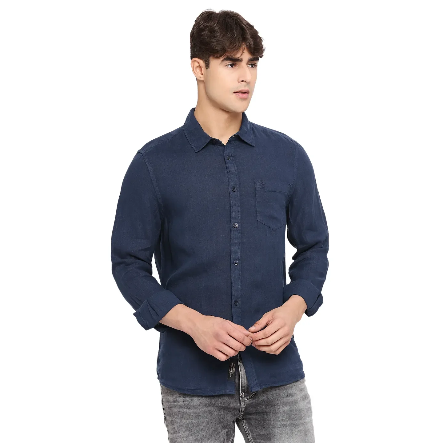 Blue Slim Straight Fit Regular Collar Long Sleeves LINEN Men's Shirt by Being Human Clothing - Image 3