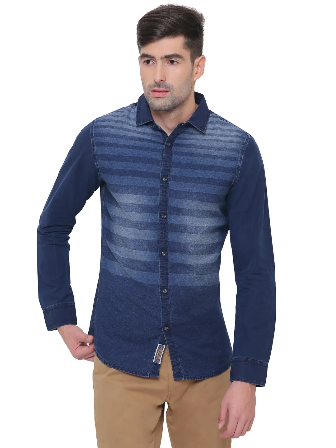 Blue Slim Straight Fit Regular Collar Long Sleeves Cotton Men's Shirt by Being Human Clothing