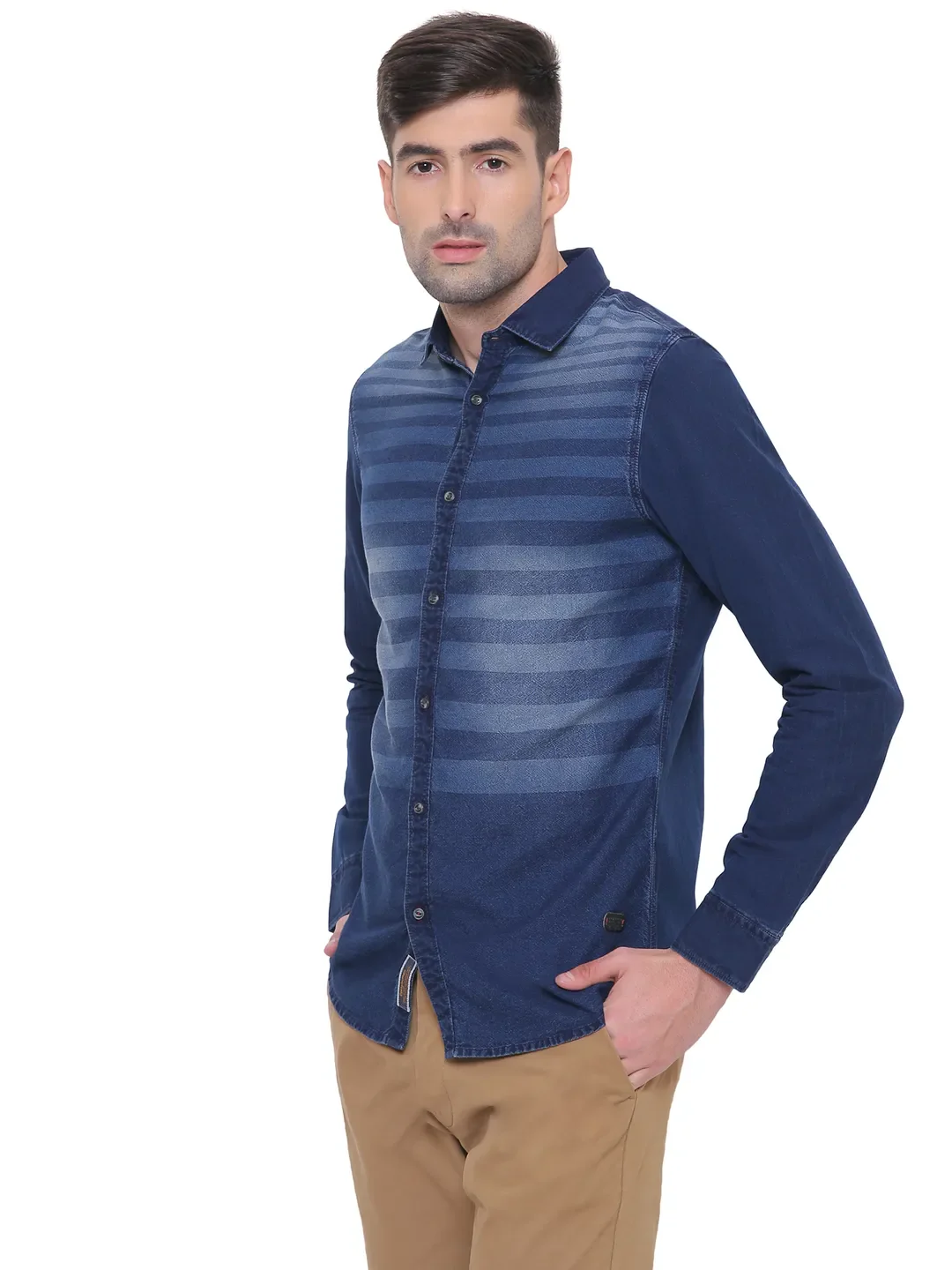 Blue Slim Straight Fit Regular Collar Long Sleeves Cotton Men's Shirt by Being Human Clothing - Image 2