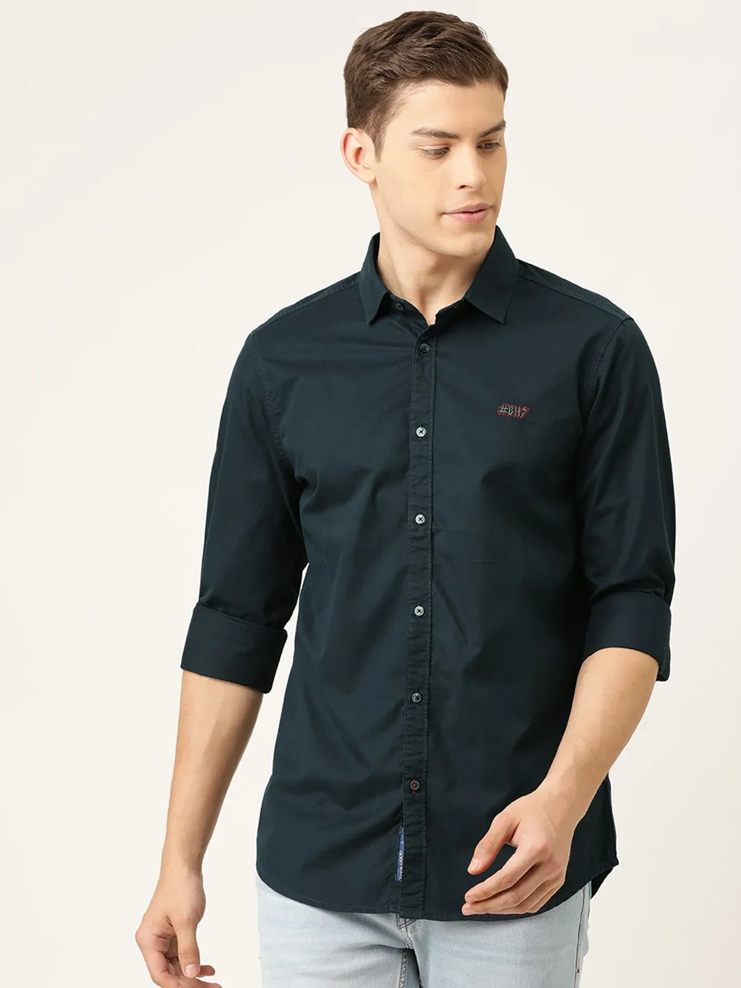 Blue Slim Straight Fit Regular Collar Long Sleeves Cotton Men's Shirt by Being Human Clothing