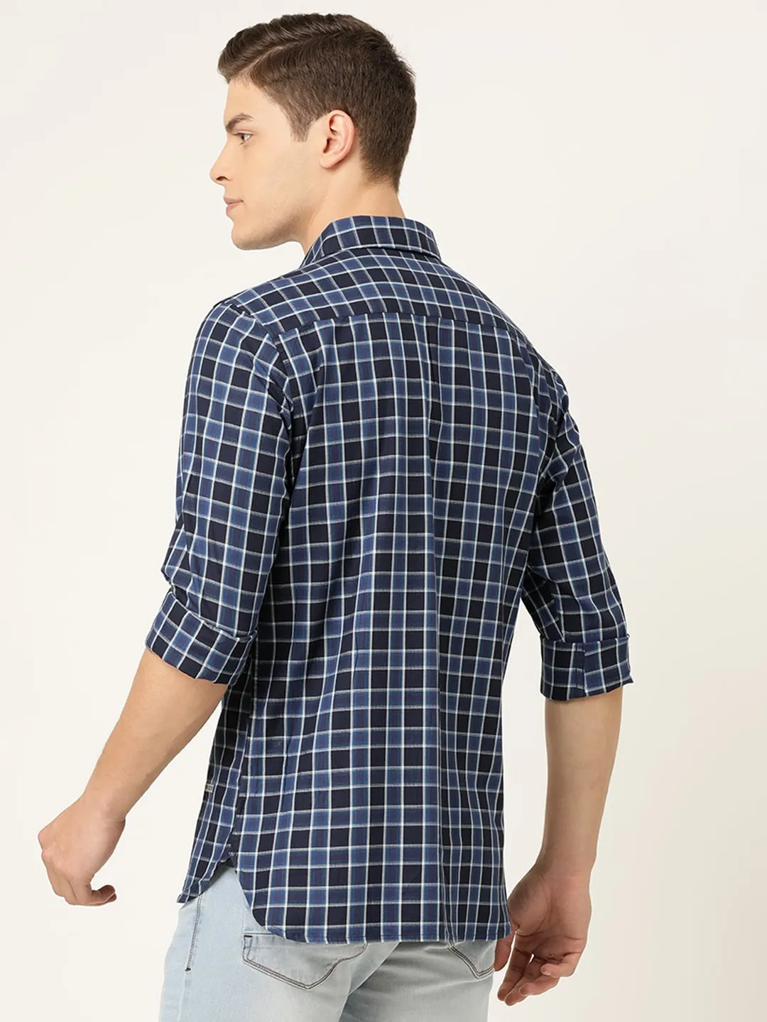 Blue Slim Straight Fit Regular Collar Long Sleeves Cotton Men's Shirt by Being Human Clothing - Image 3