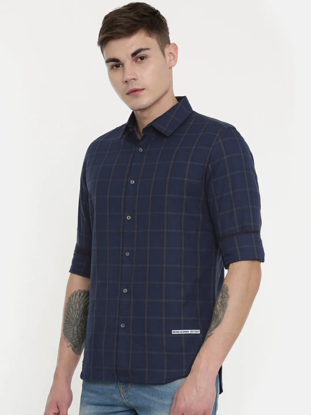 Blue Slim Straight Fit Regular Collar Long Sleeves Cotton Men's Shirt by Being Human Clothing - Image 2