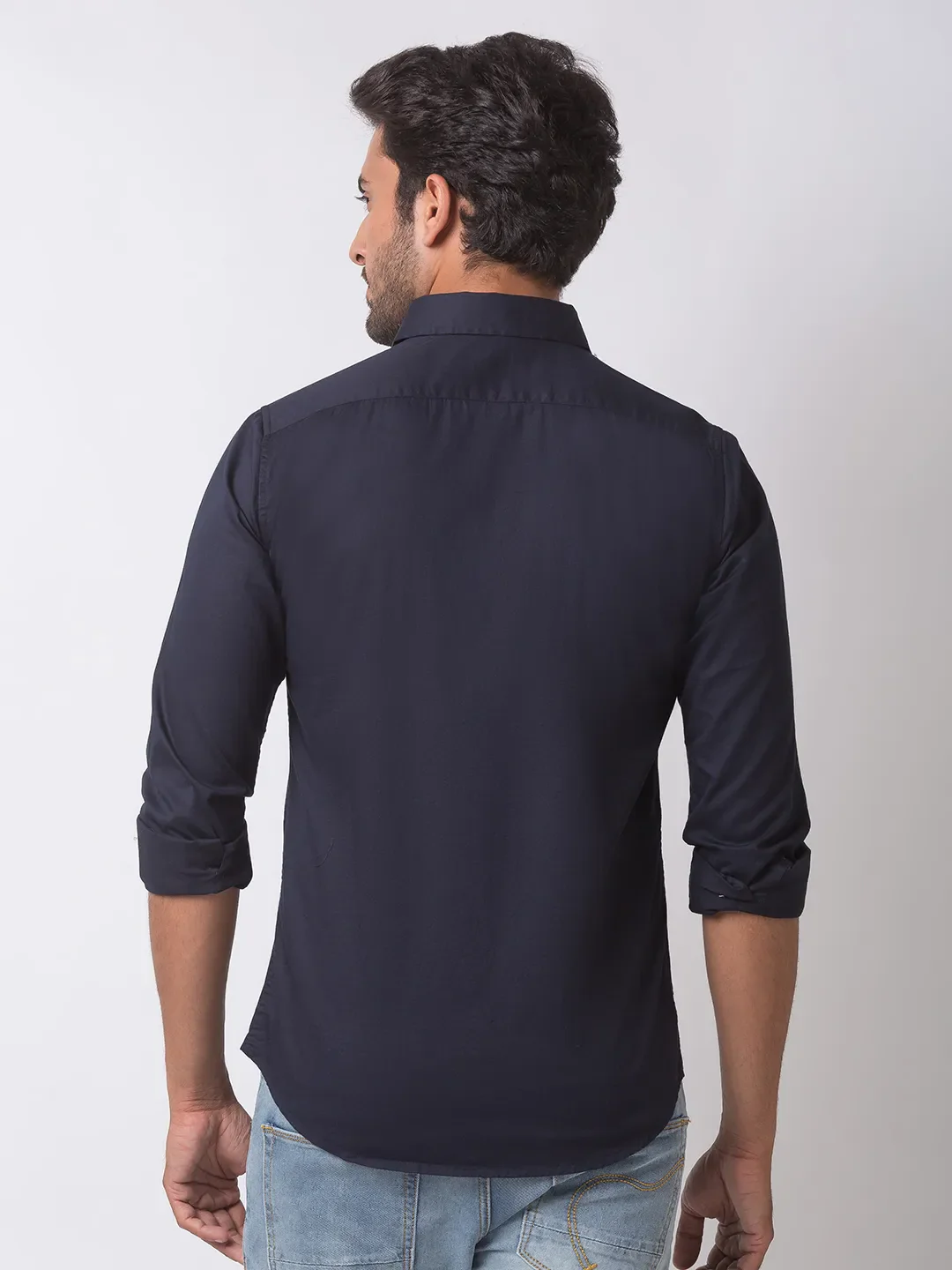 Blue Slim Straight Fit Regular Collar Long Sleeves Cotton Men's Shirt by Being Human Clothing - Image 3