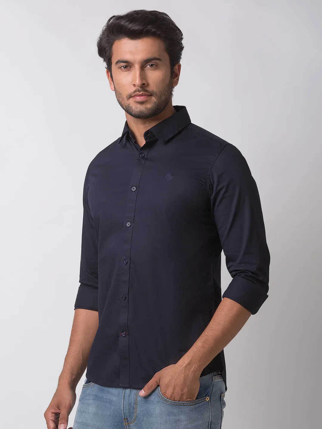 Blue Slim Straight Fit Regular Collar Long Sleeves Cotton Men's Shirt by Being Human Clothing - Image 4