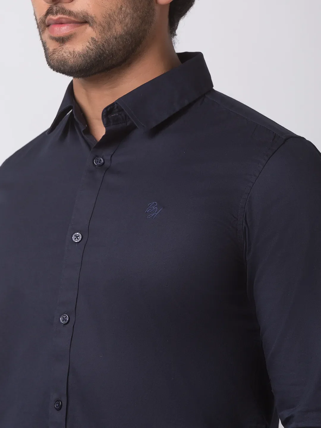 Blue Slim Straight Fit Regular Collar Long Sleeves Cotton Men's Shirt by Being Human Clothing - Image 5