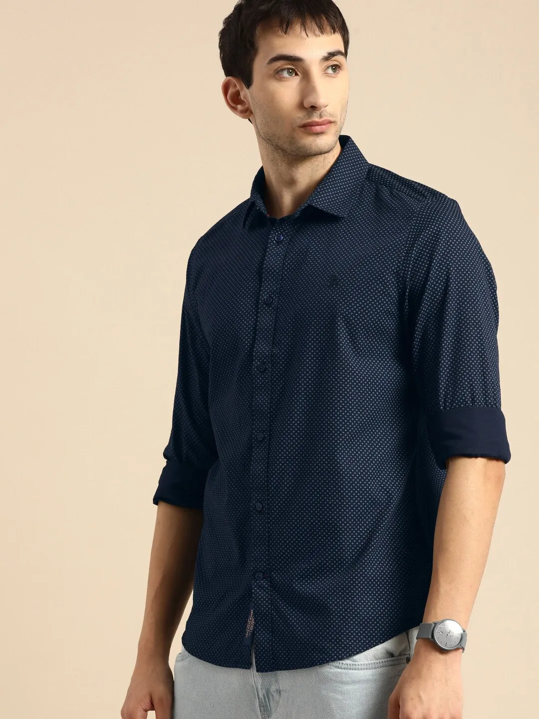 Blue Slim Straight Fit Regular Collar Long Sleeves Cotton Men's Shirt by Being Human Clothing - Image 2