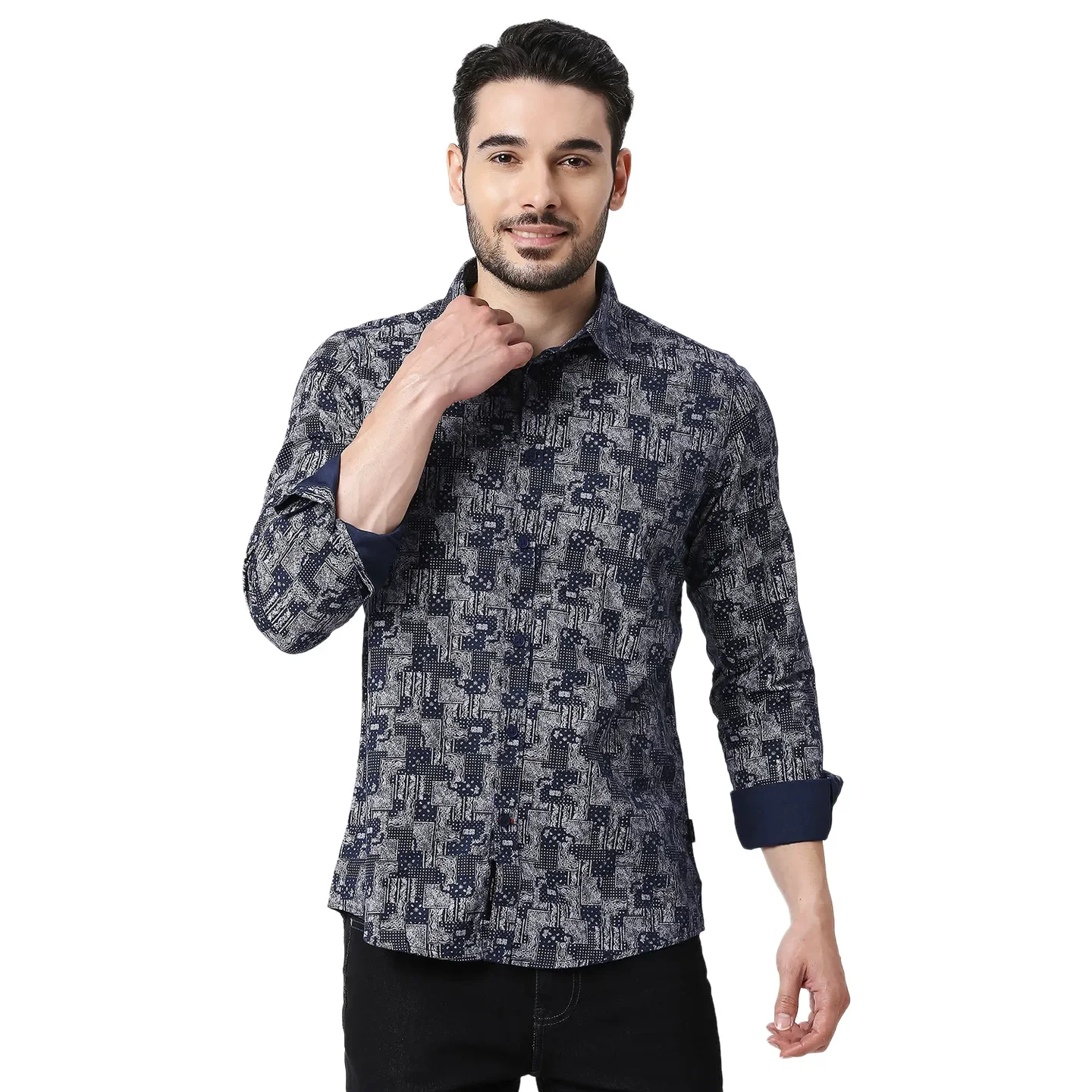 Blue Slim Straight Fit Regular Collar Long Sleeves Cotton Men's Shirt by Being Human Clothing