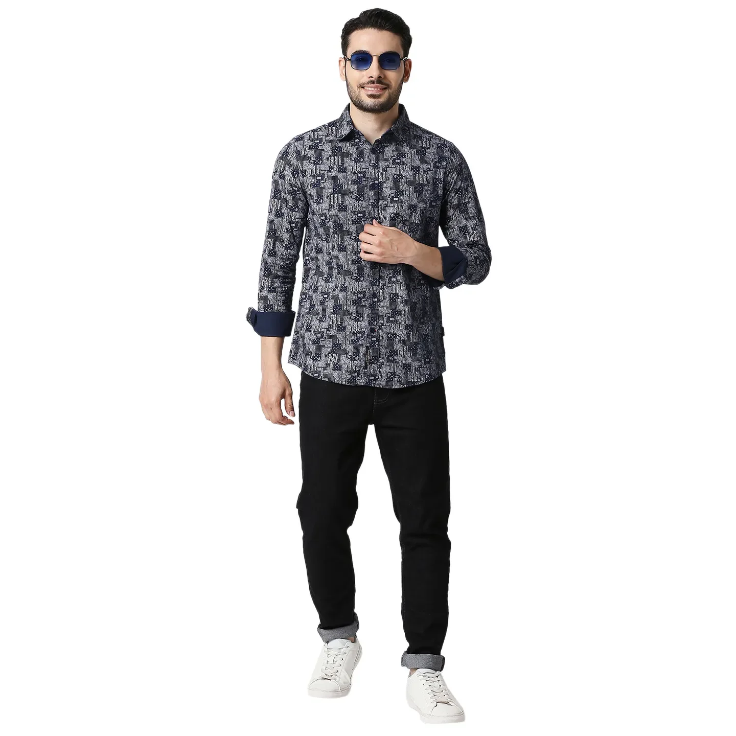 Blue Slim Straight Fit Regular Collar Long Sleeves Cotton Men's Shirt by Being Human Clothing - Image 5
