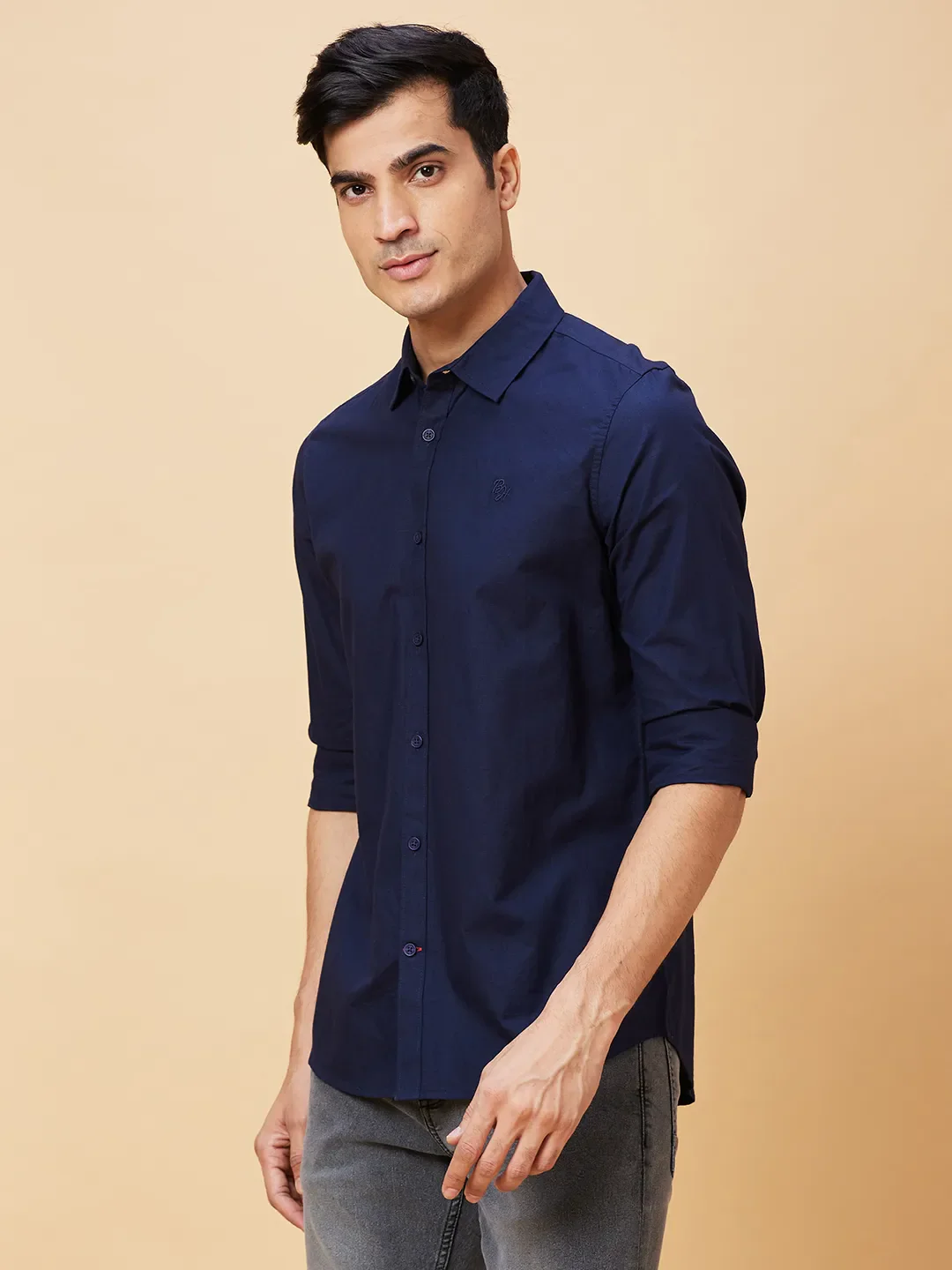 Blue Slim Straight Fit Regular Collar Long Sleeves Cotton Men's Shirt by Being Human Clothing - Image 3