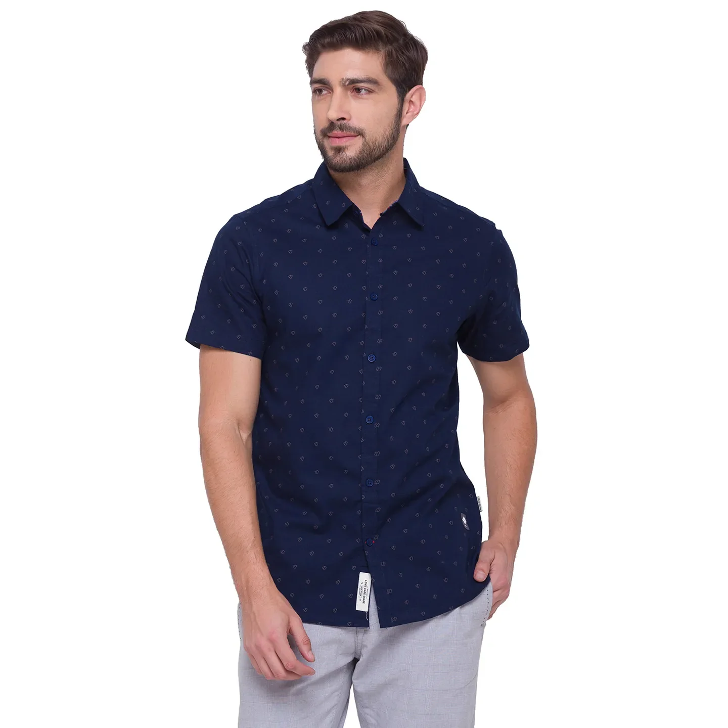 Blue Slim Straight Fit Regular Collar Short Sleeves Cotton Men's Shirt by Being Human Clothing - Image 4