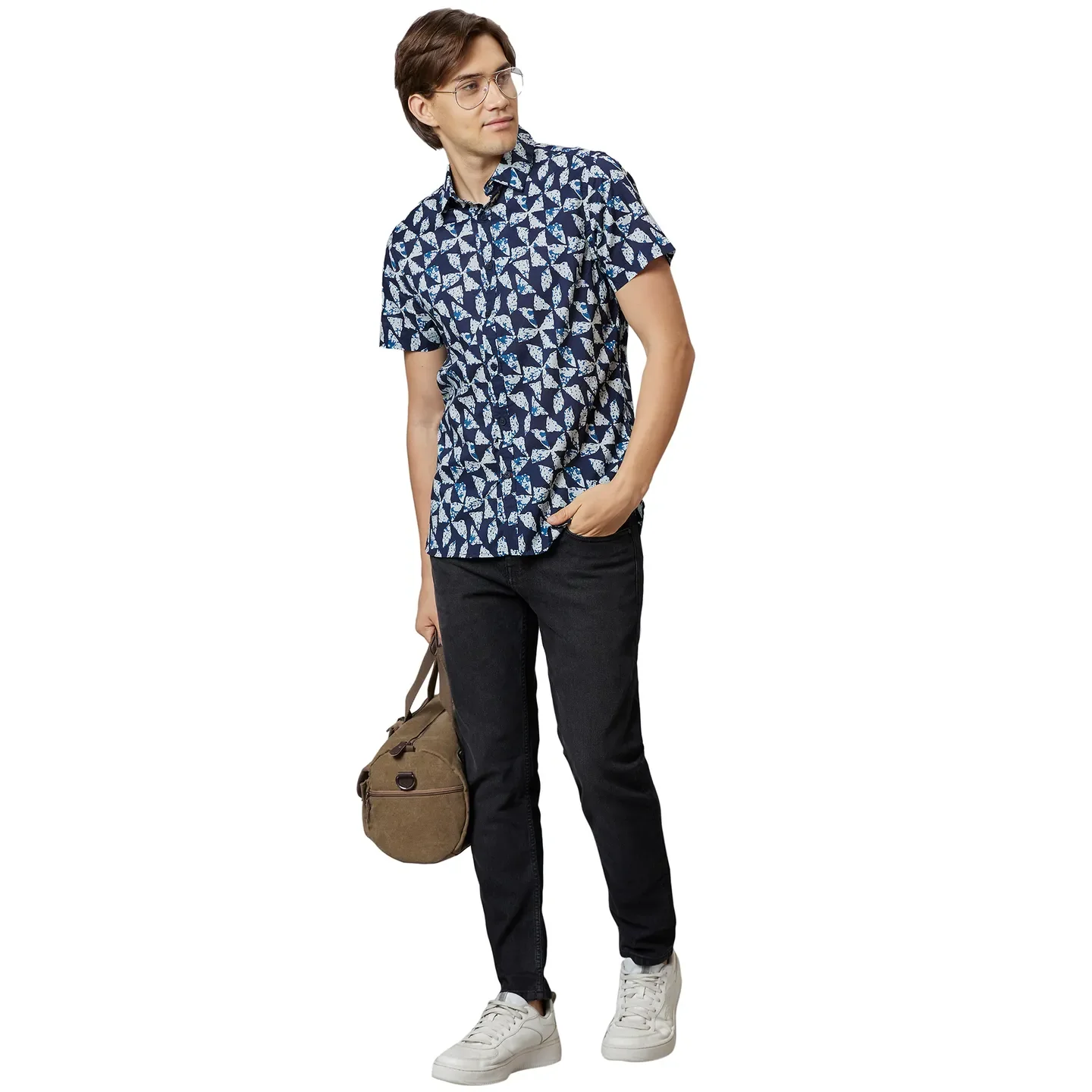 Blue Slim Straight Fit Regular Collar Short Sleeves Cotton Men's Shirt by Being Human Clothing - Image 5