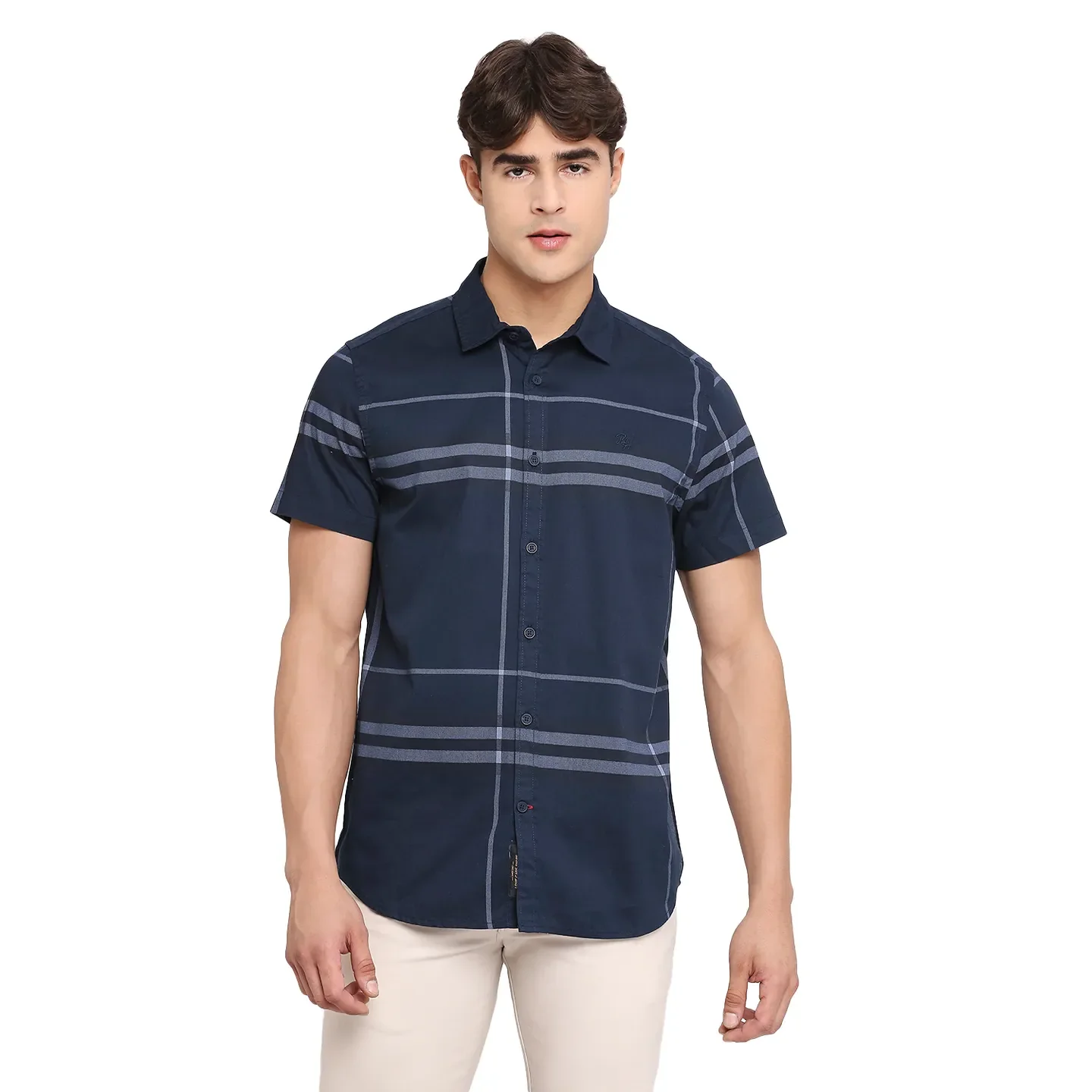 Blue Slim Straight Fit Regular Collar Short Sleeves Cotton Men's Shirt by Being Human Clothing