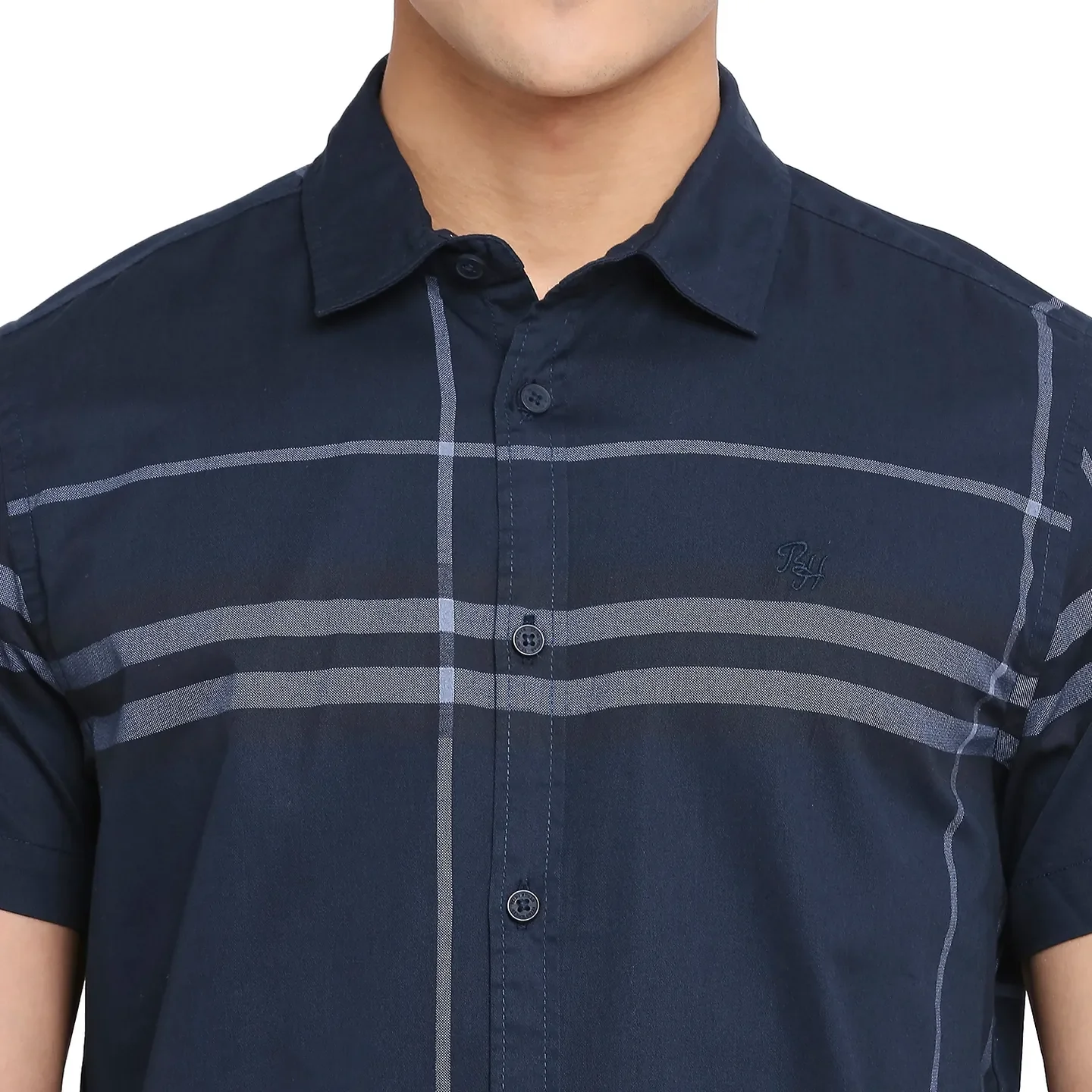 Blue Slim Straight Fit Regular Collar Short Sleeves Cotton Men's Shirt by Being Human Clothing - Image 5