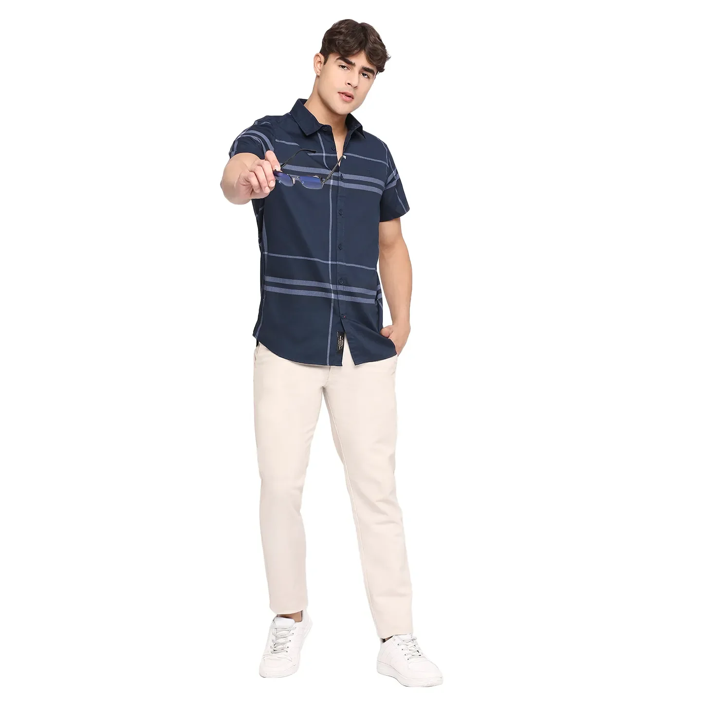 Blue Slim Straight Fit Regular Collar Short Sleeves Cotton Men's Shirt by Being Human Clothing - Image 6