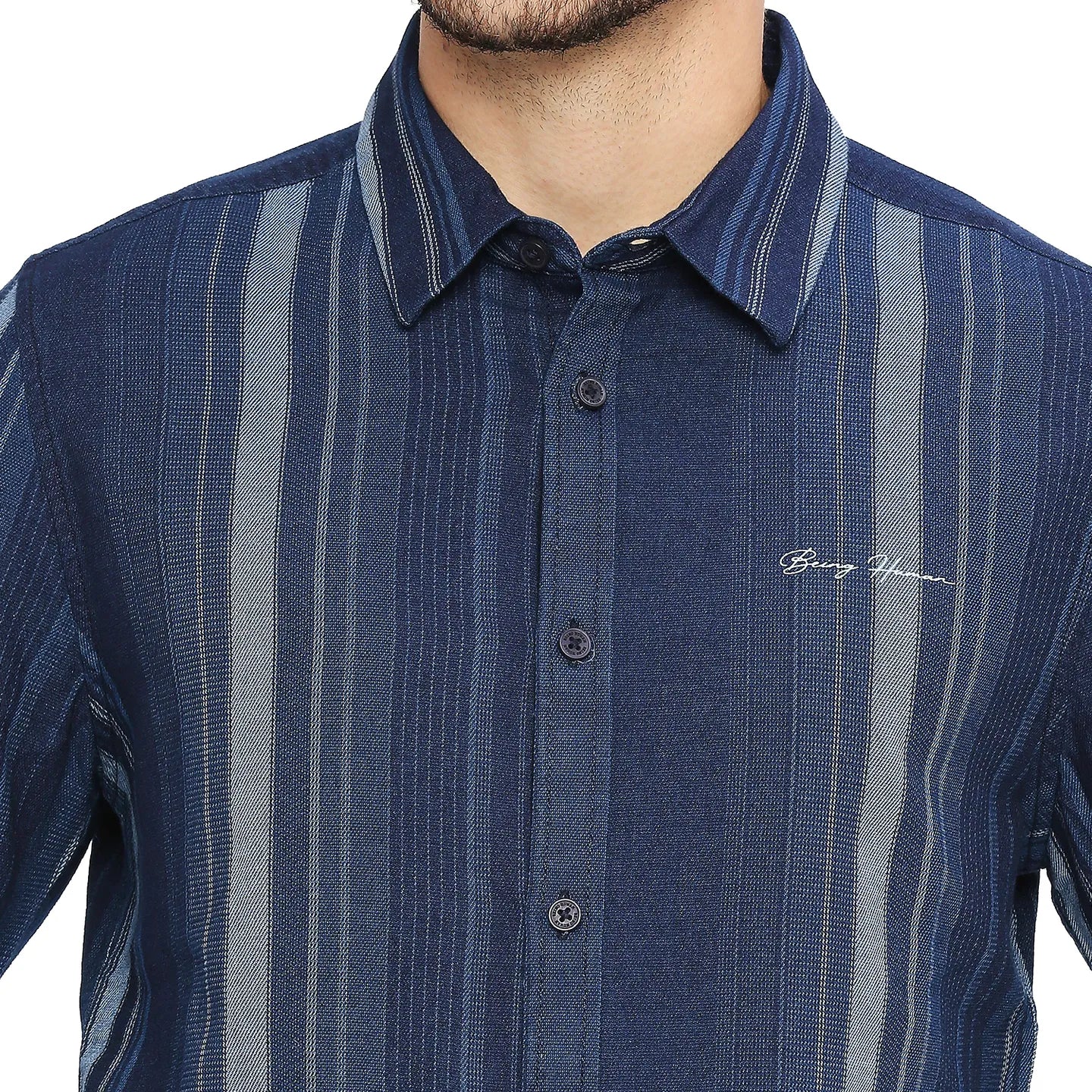 Blue Slim Straight Fit Regular Collar Long Sleeves Cotton Men's Shirt by Being Human Clothing - Image 5