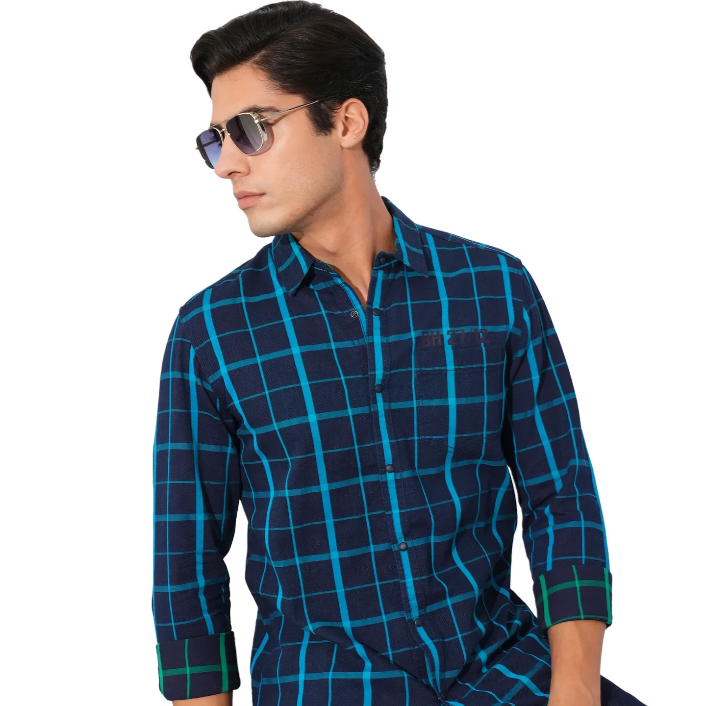 Blue Slim Straight Fit Regular Collar Long Sleeves Cotton Men's Shirt by Being Human Clothing - Image 5