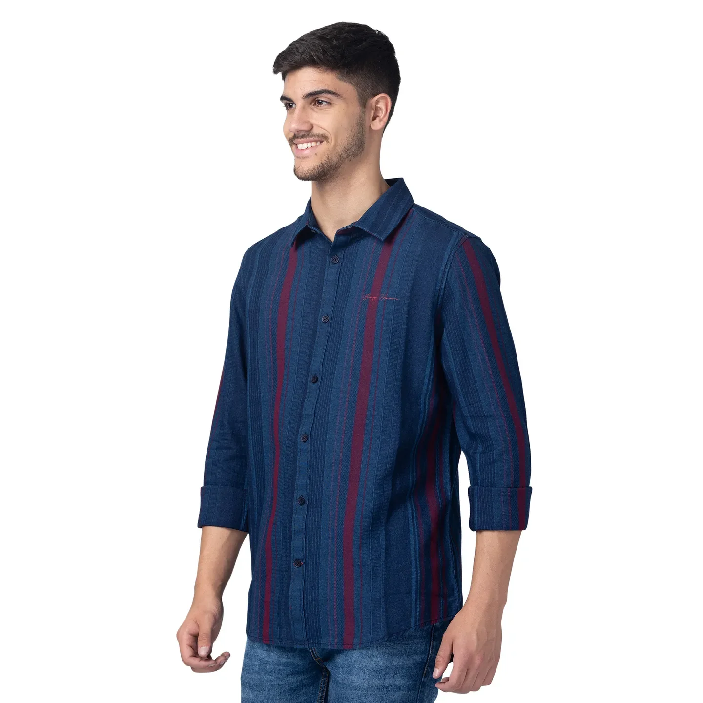 Blue Slim Straight Fit Regular Collar Long Sleeves Cotton Men's Shirt by Being Human Clothing - Image 2