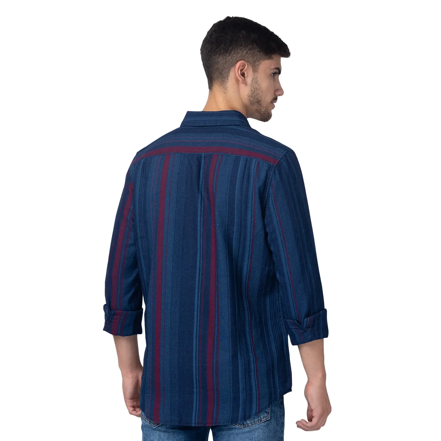Blue Slim Straight Fit Regular Collar Long Sleeves Cotton Men's Shirt by Being Human Clothing - Image 3