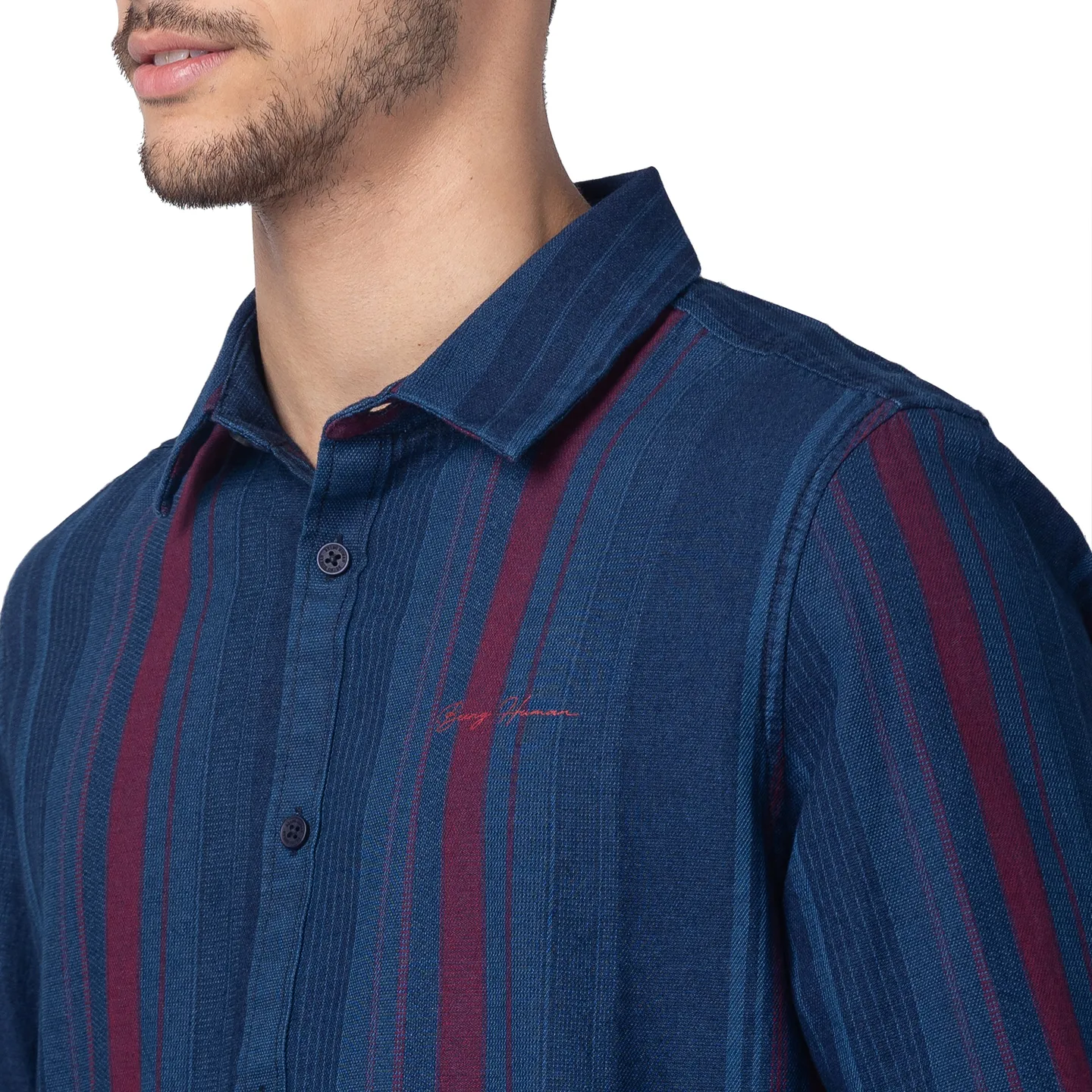 Blue Slim Straight Fit Regular Collar Long Sleeves Cotton Men's Shirt by Being Human Clothing - Image 4