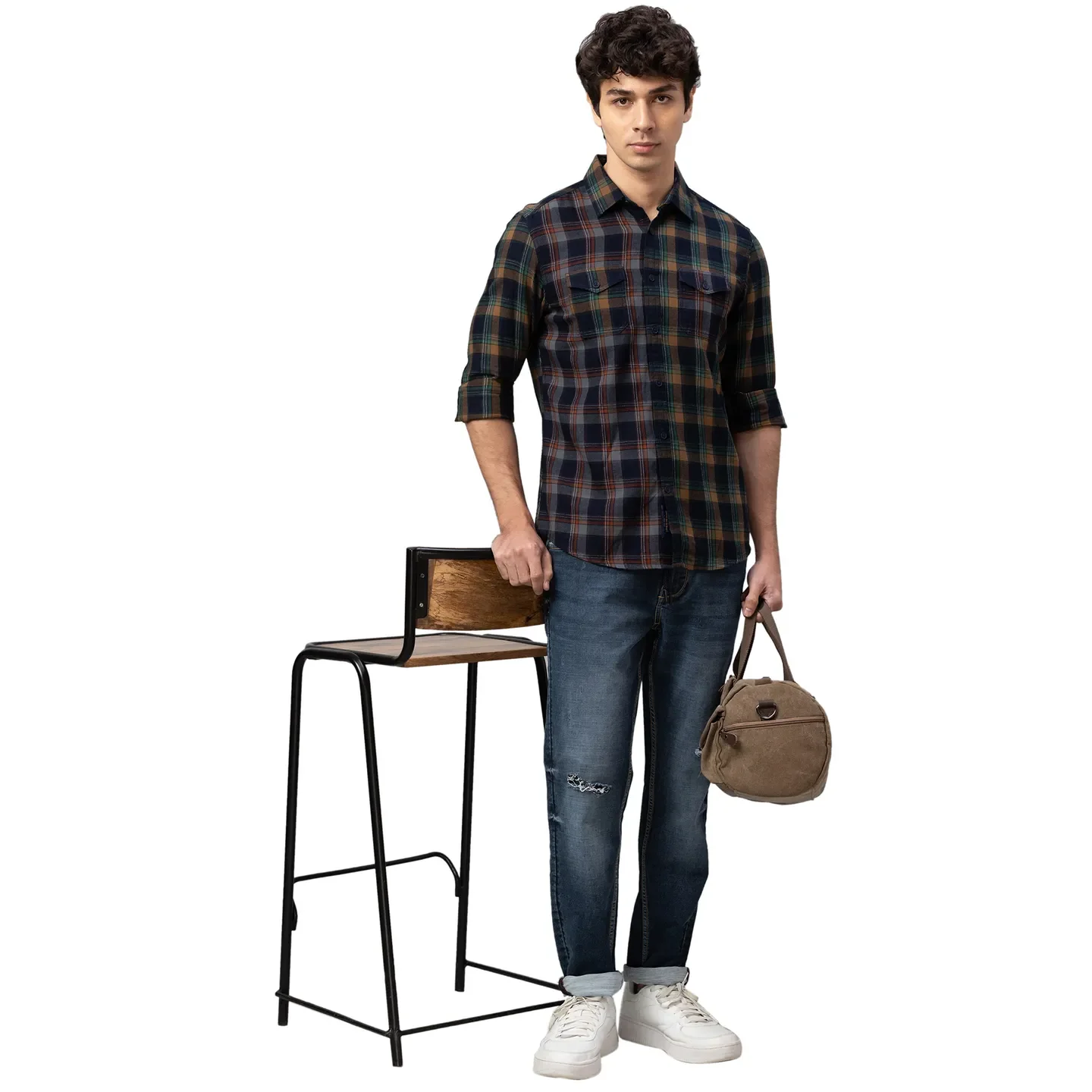 Blue Slim Straight Fit Regular Collar Long Sleeves Cotton Men's Shirt by Being Human Clothing - Image 5
