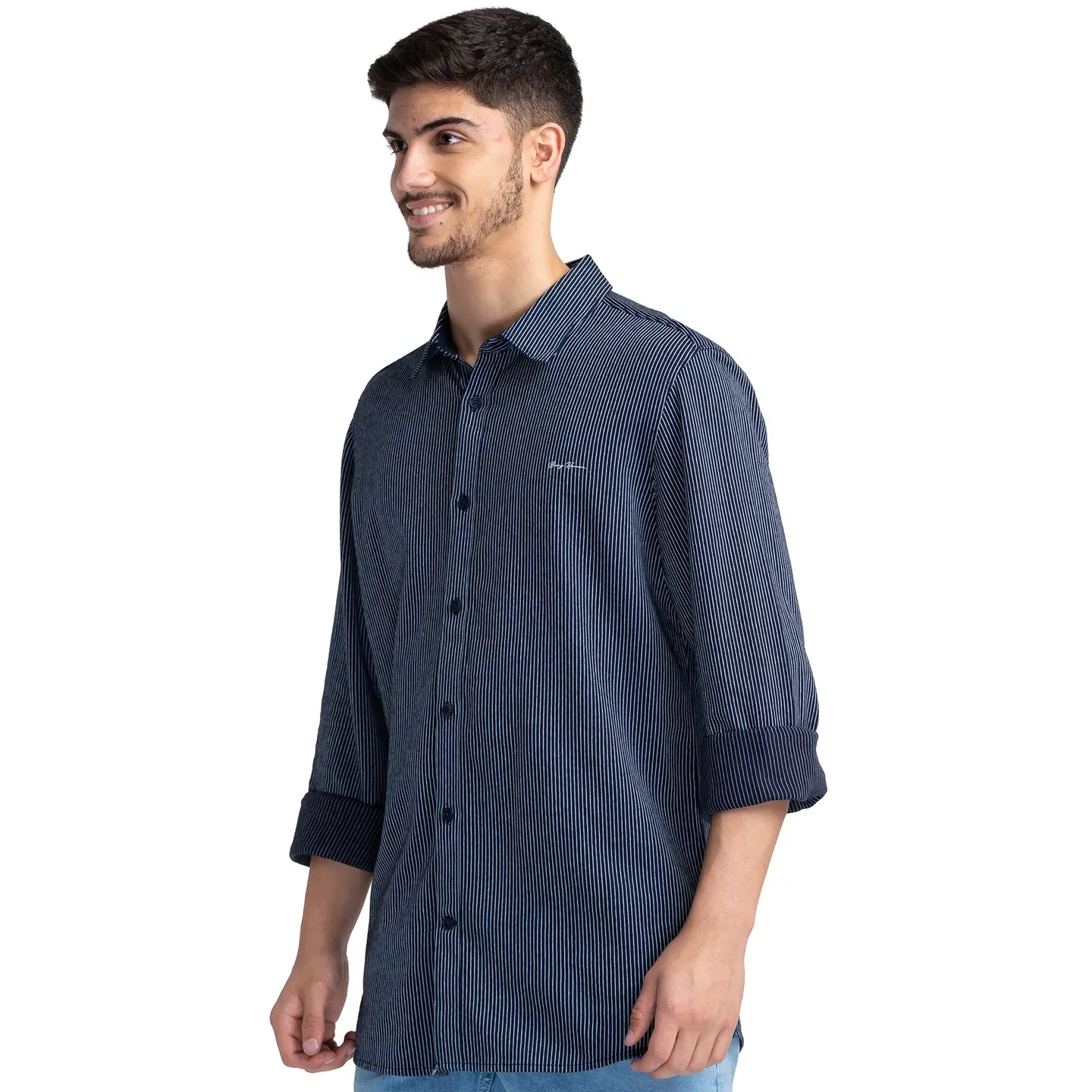 Blue Slim Straight Fit Regular Collar Long Sleeves Cotton Men's Shirt by Being Human Clothing - Image 2