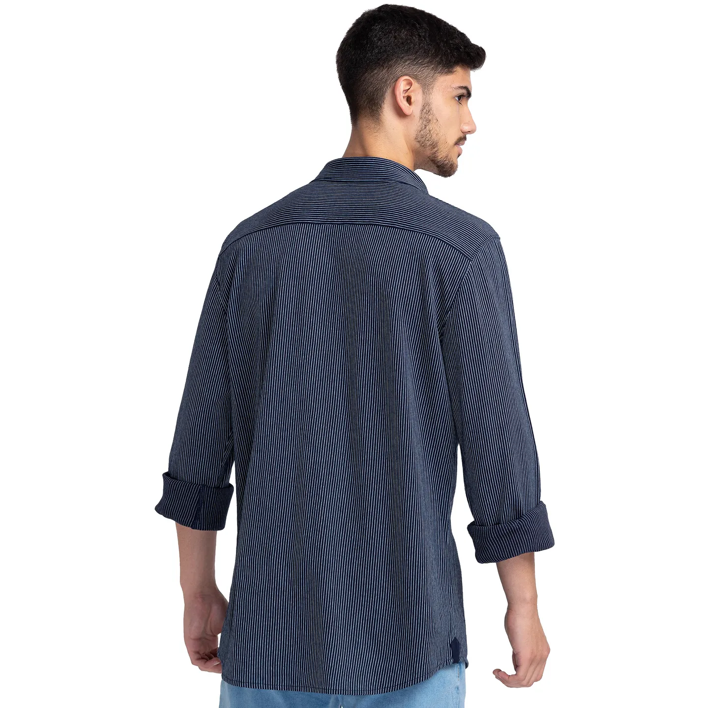 Blue Slim Straight Fit Regular Collar Long Sleeves Cotton Men's Shirt by Being Human Clothing - Image 3