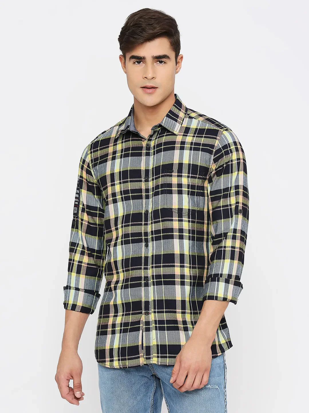 Blue Slim Straight Fit Regular Collar Short Sleeves Cotton Men's Shirt by Being Human Clothing