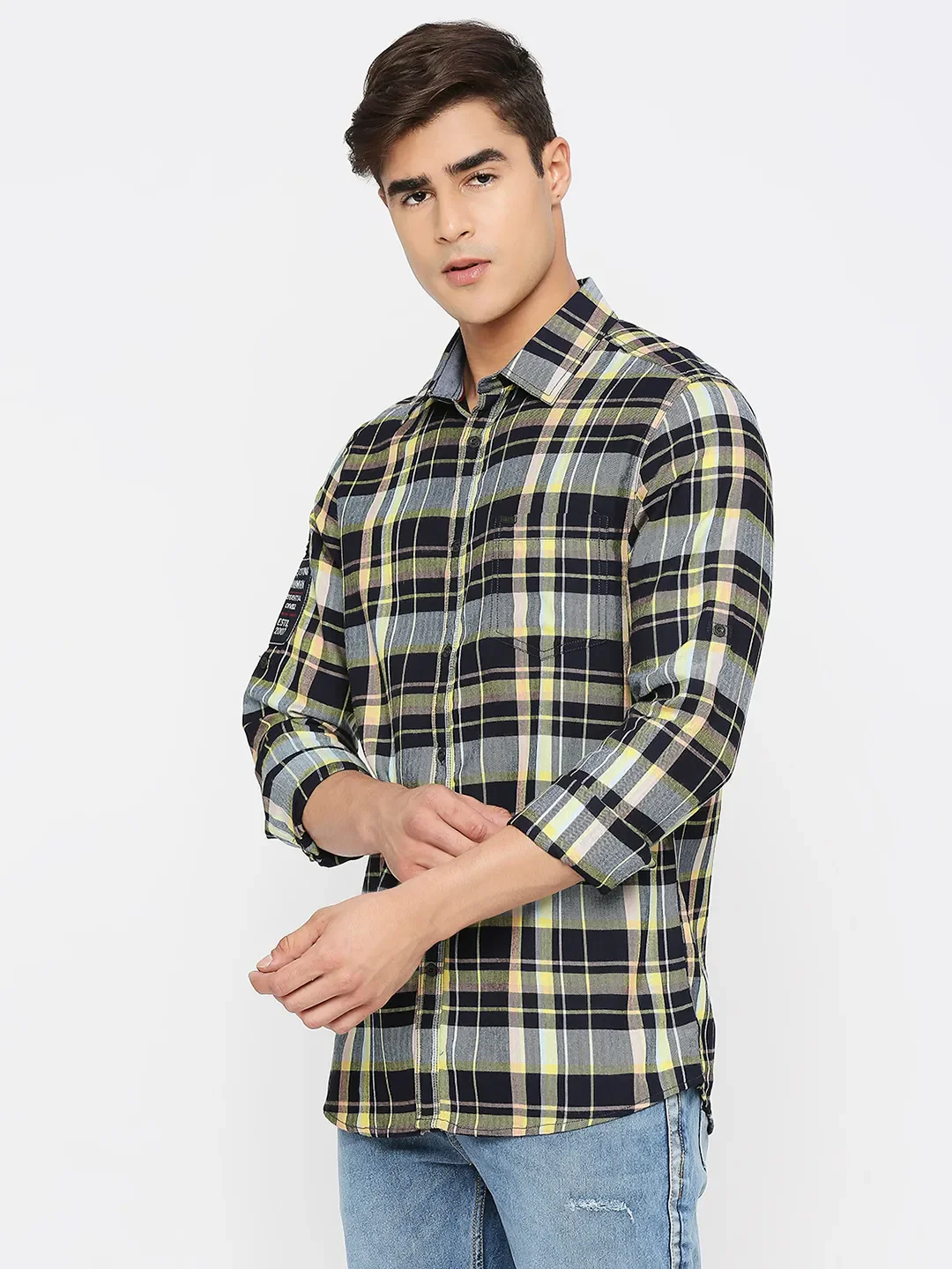 Blue Slim Straight Fit Regular Collar Short Sleeves Cotton Men's Shirt by Being Human Clothing - Image 2