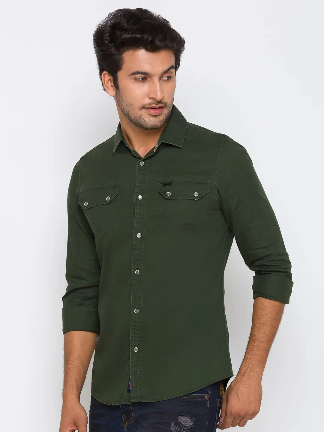 Olive Slim Straight Fit Regular Collar Long Sleeves Cotton Men's Shirt by Being Human Clothing - Image 2