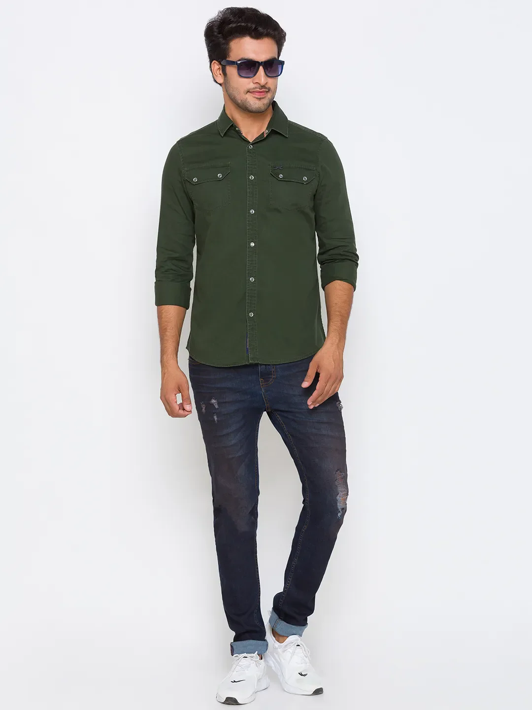Olive Slim Straight Fit Regular Collar Long Sleeves Cotton Men's Shirt by Being Human Clothing - Image 5