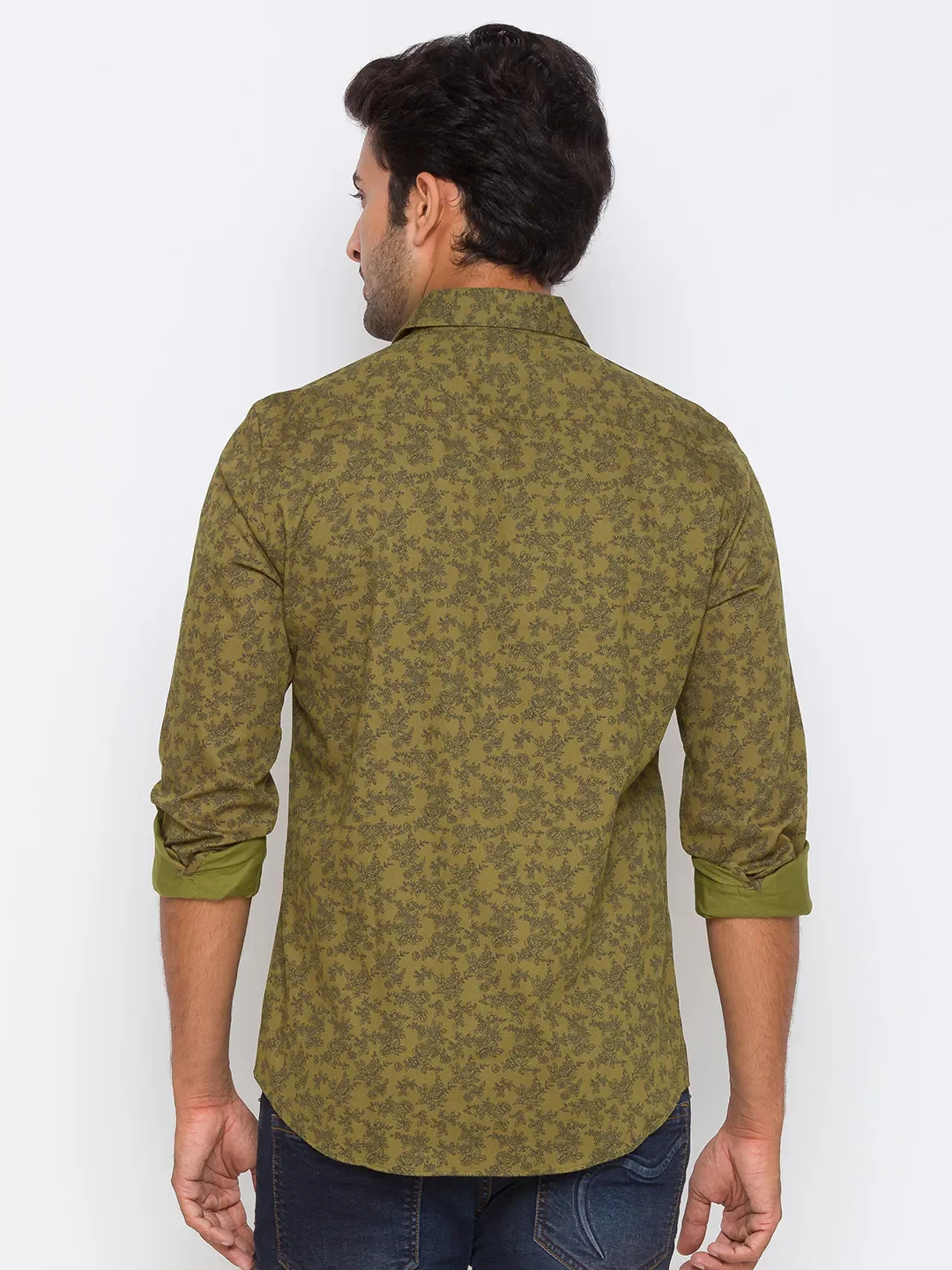 Olive Slim Straight Fit Regular Collar Long Sleeves Cotton Men's Shirt by Being Human Clothing - Image 3