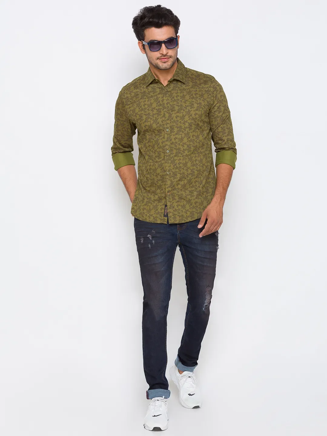 Olive Slim Straight Fit Regular Collar Long Sleeves Cotton Men's Shirt by Being Human Clothing - Image 5