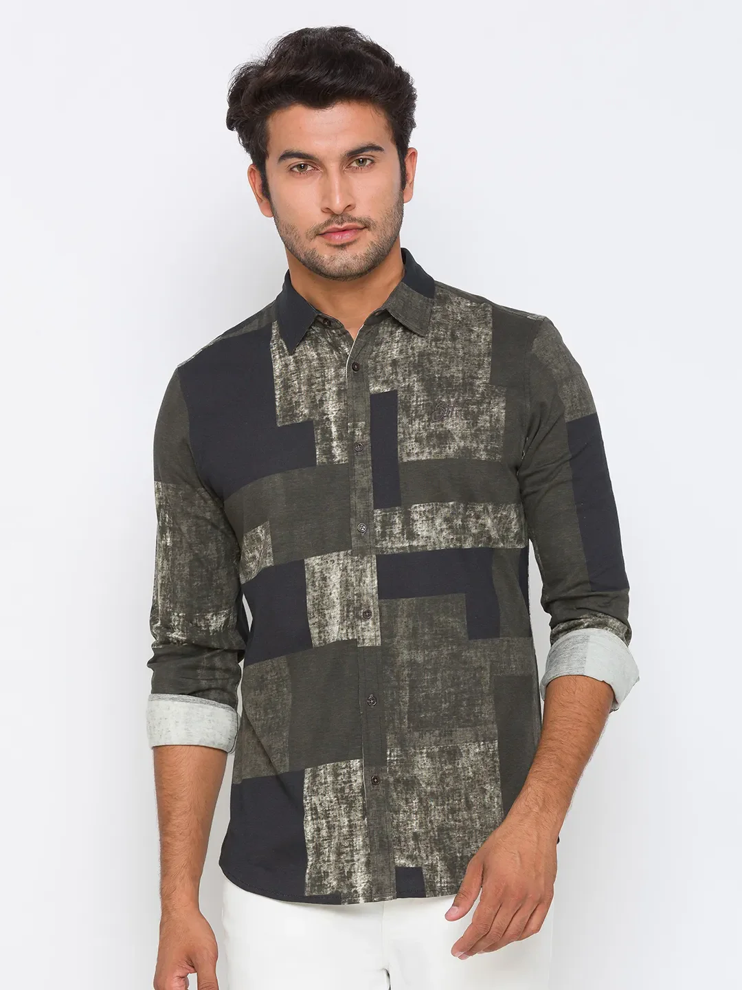 Olive Slim Straight Fit Regular Collar Long Sleeves Cotton Men's Shirt by Being Human Clothing