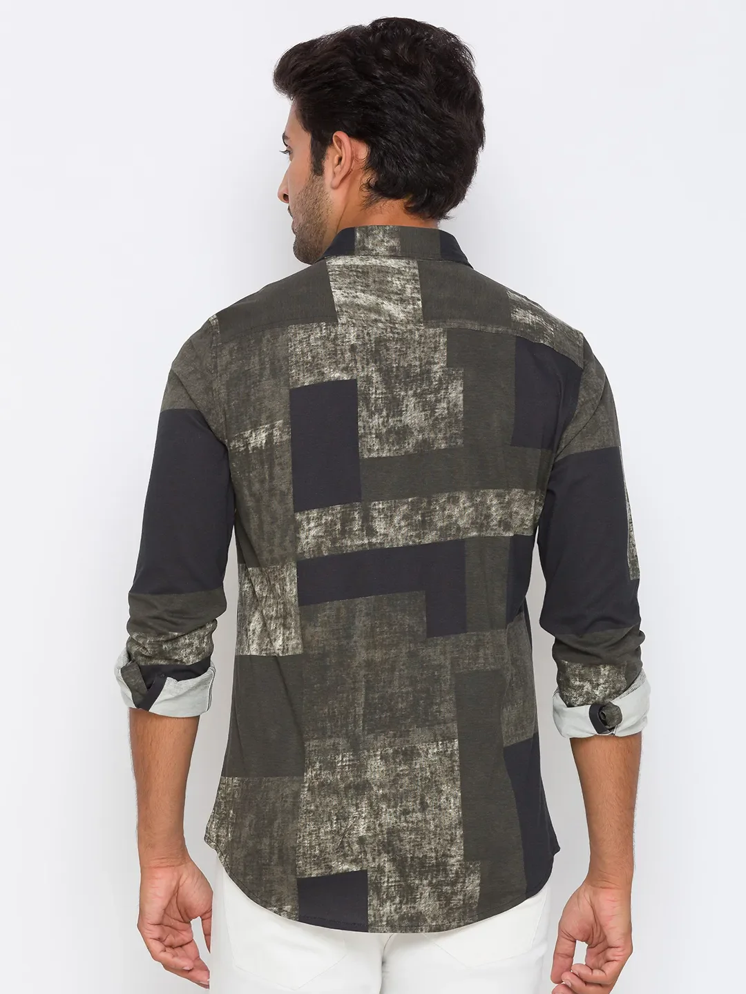Olive Slim Straight Fit Regular Collar Long Sleeves Cotton Men's Shirt by Being Human Clothing - Image 3