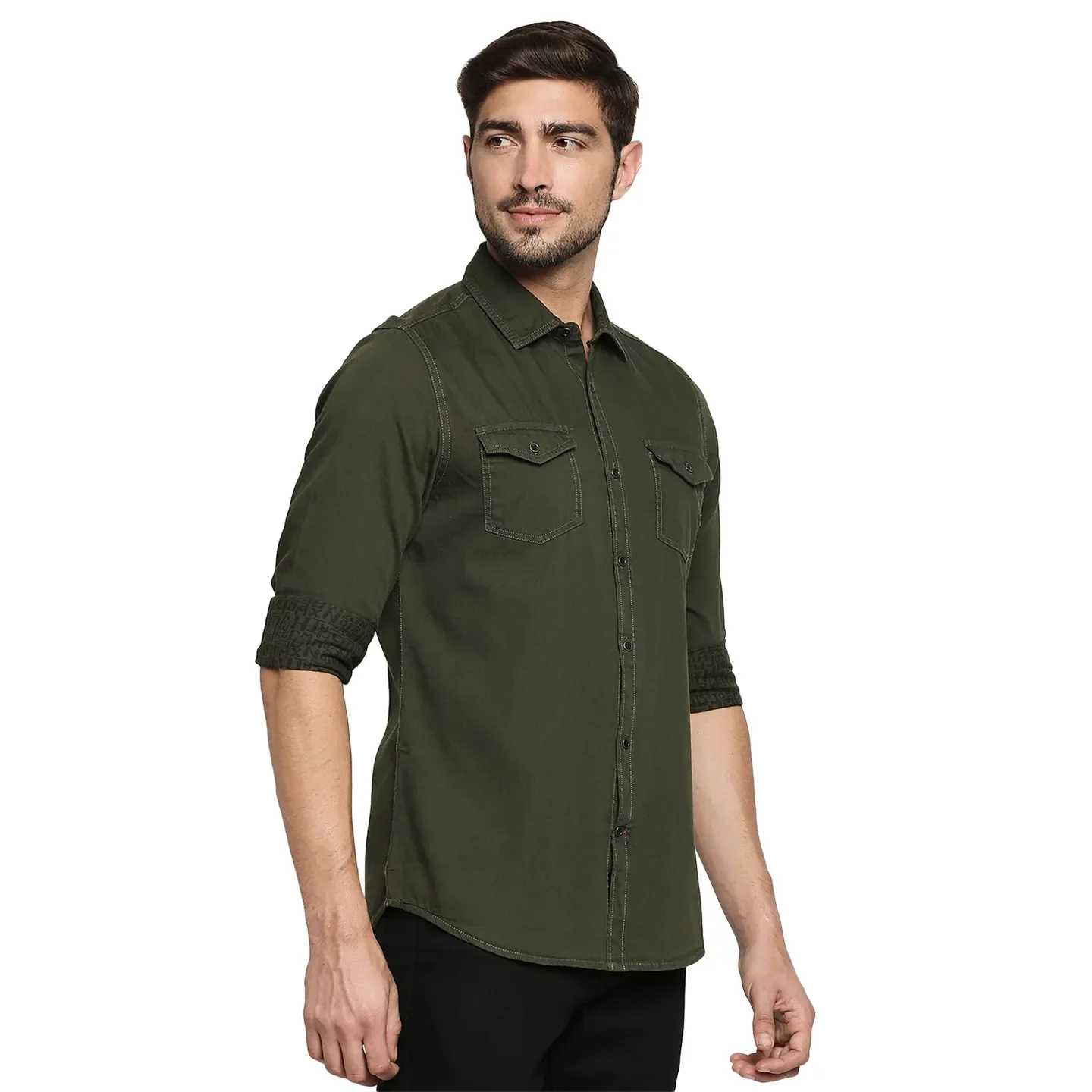 Olive Slim Straight Fit Regular Collar Long Sleeves Cotton Men's Shirt by Being Human Clothing - Image 3