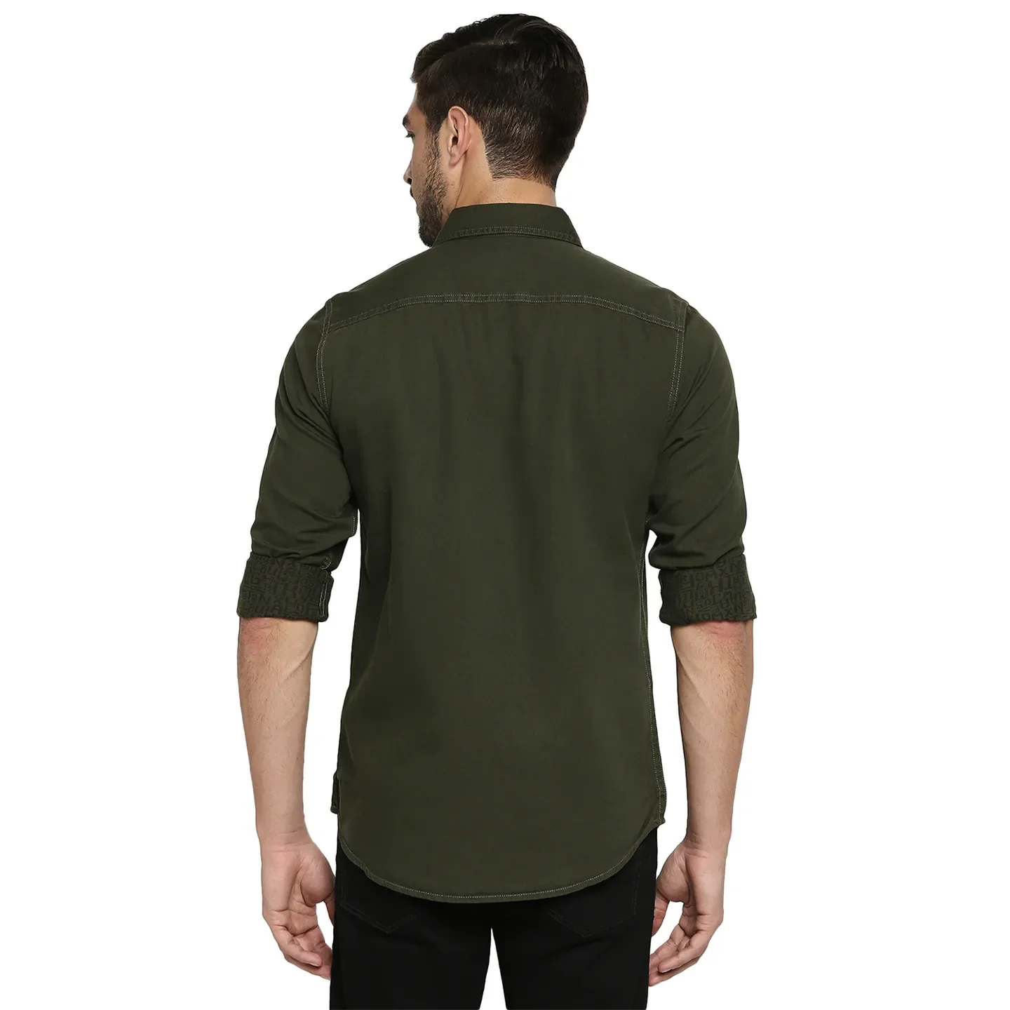 Olive Slim Straight Fit Regular Collar Long Sleeves Cotton Men's Shirt by Being Human Clothing - Image 4