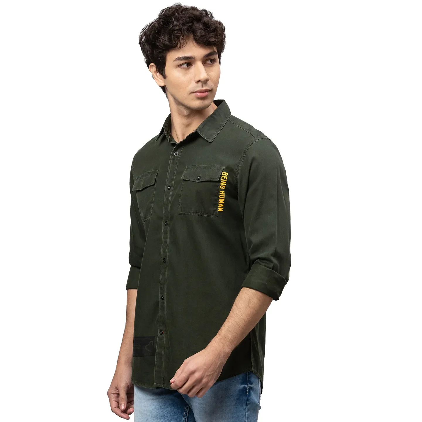 Olive Slim Straight Fit Regular Collar Long Sleeves Cotton Men's Shirt by Being Human Clothing - Image 4